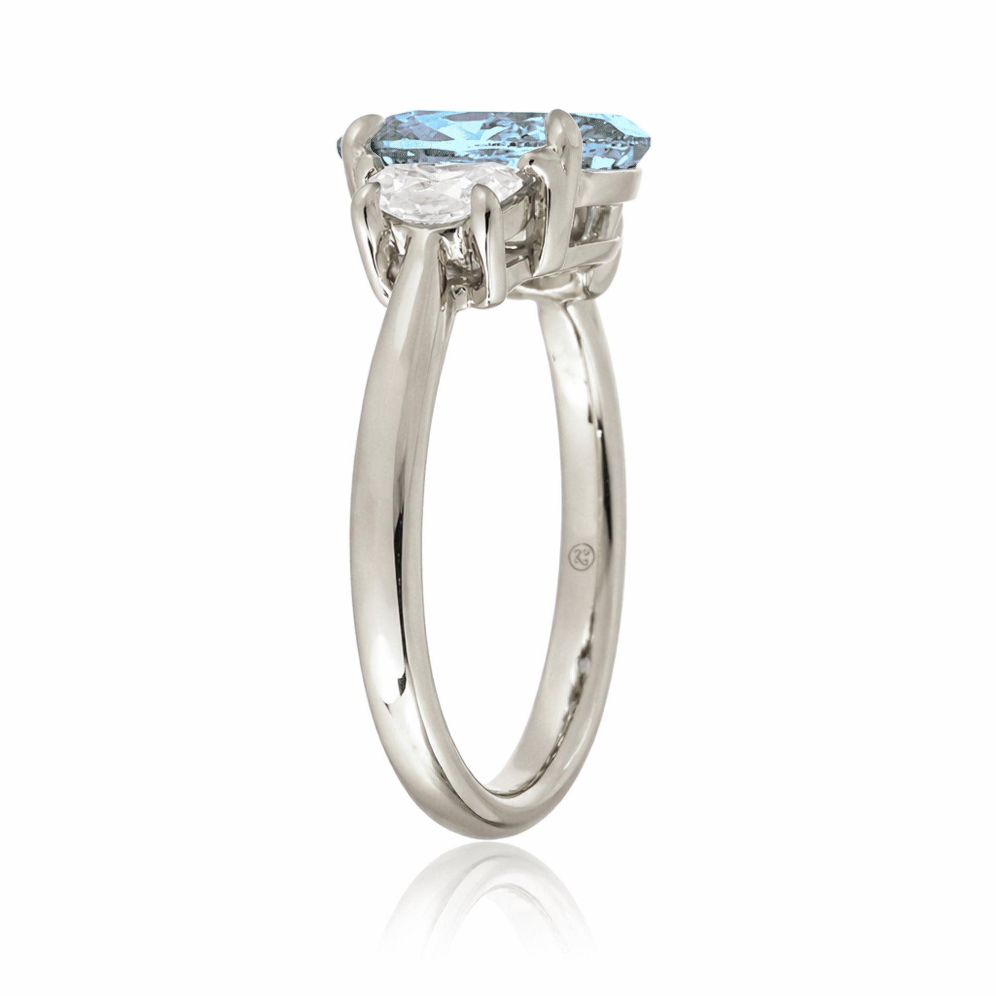 Aquamarine past present future ring with half moon diamonds in white gold
