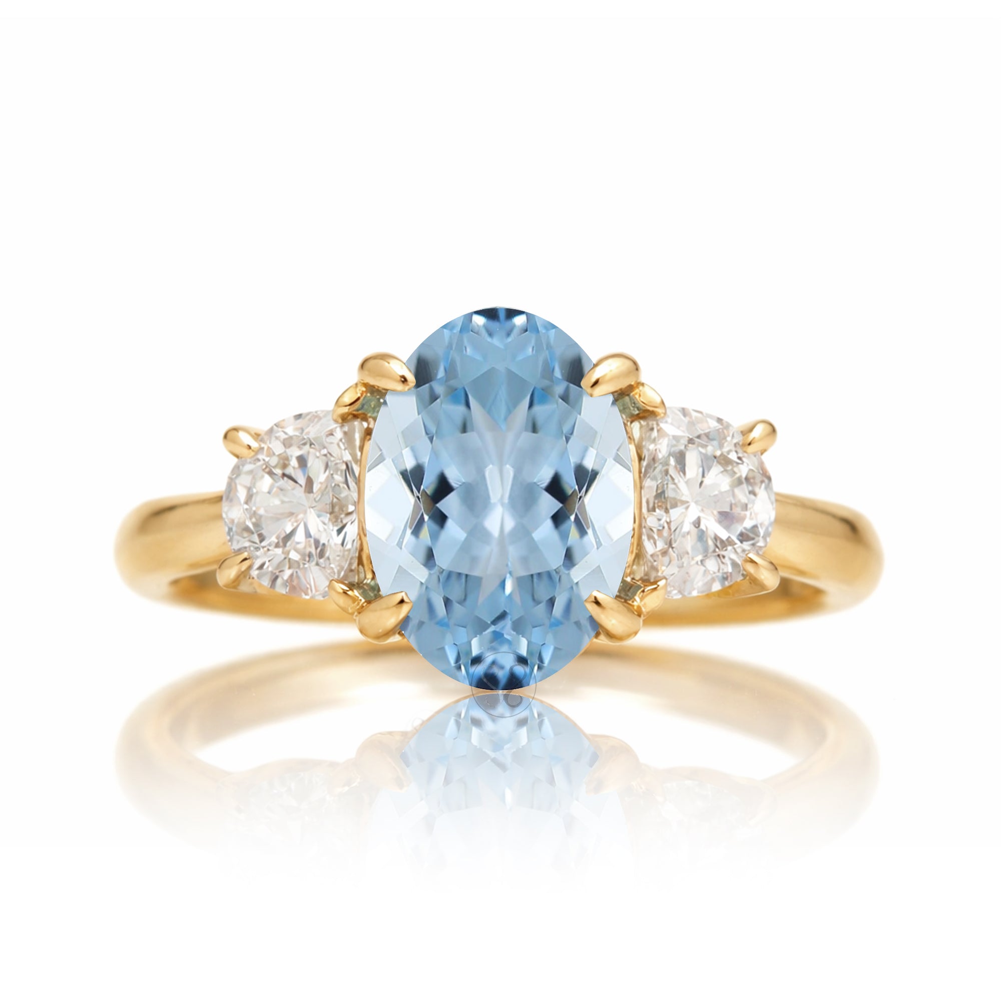 Aquamarine past present future ring with half moon diamonds in yellow gold