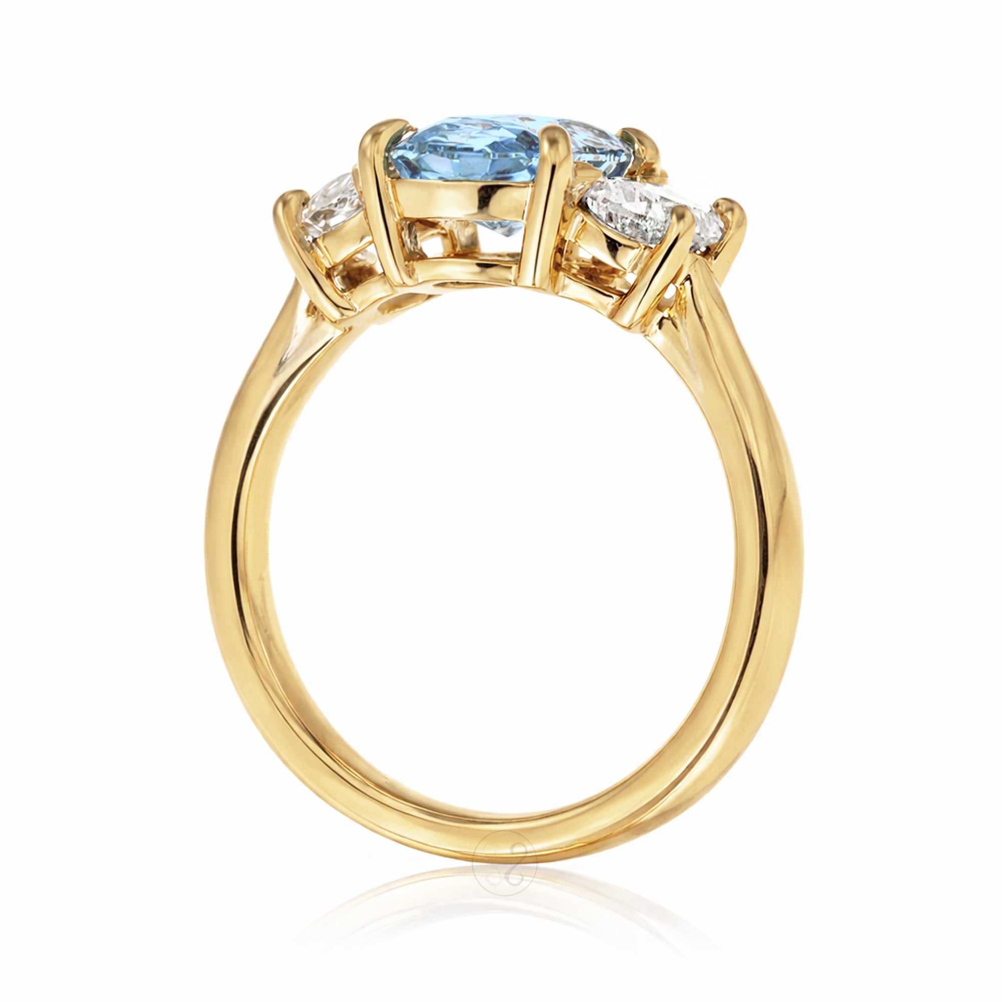 Aquamarine past present future ring with half moon diamonds in yellow gold