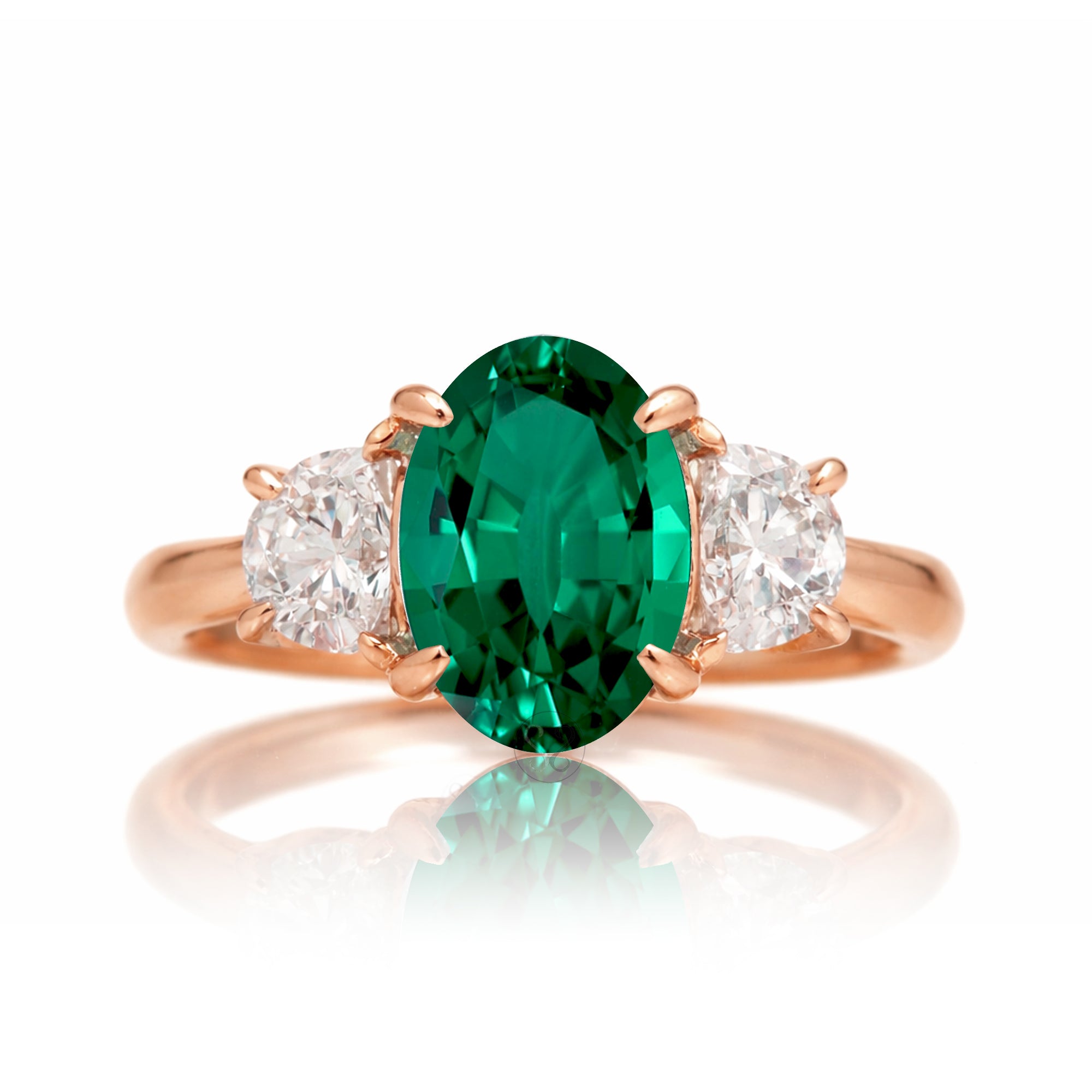Oval emerald three stone half moon diamond ring rose gold