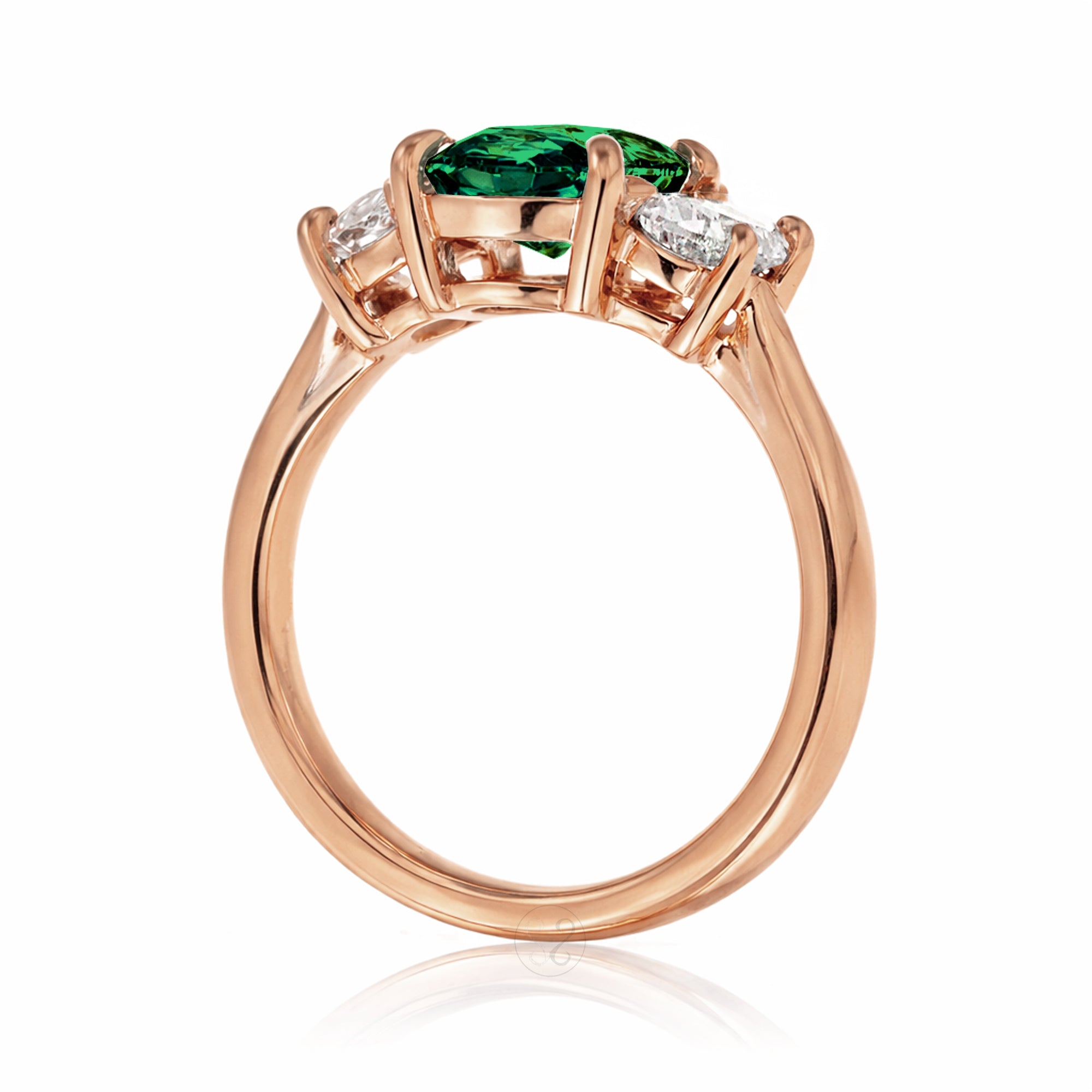 Oval emerald three stone half moon diamond ring rose gold