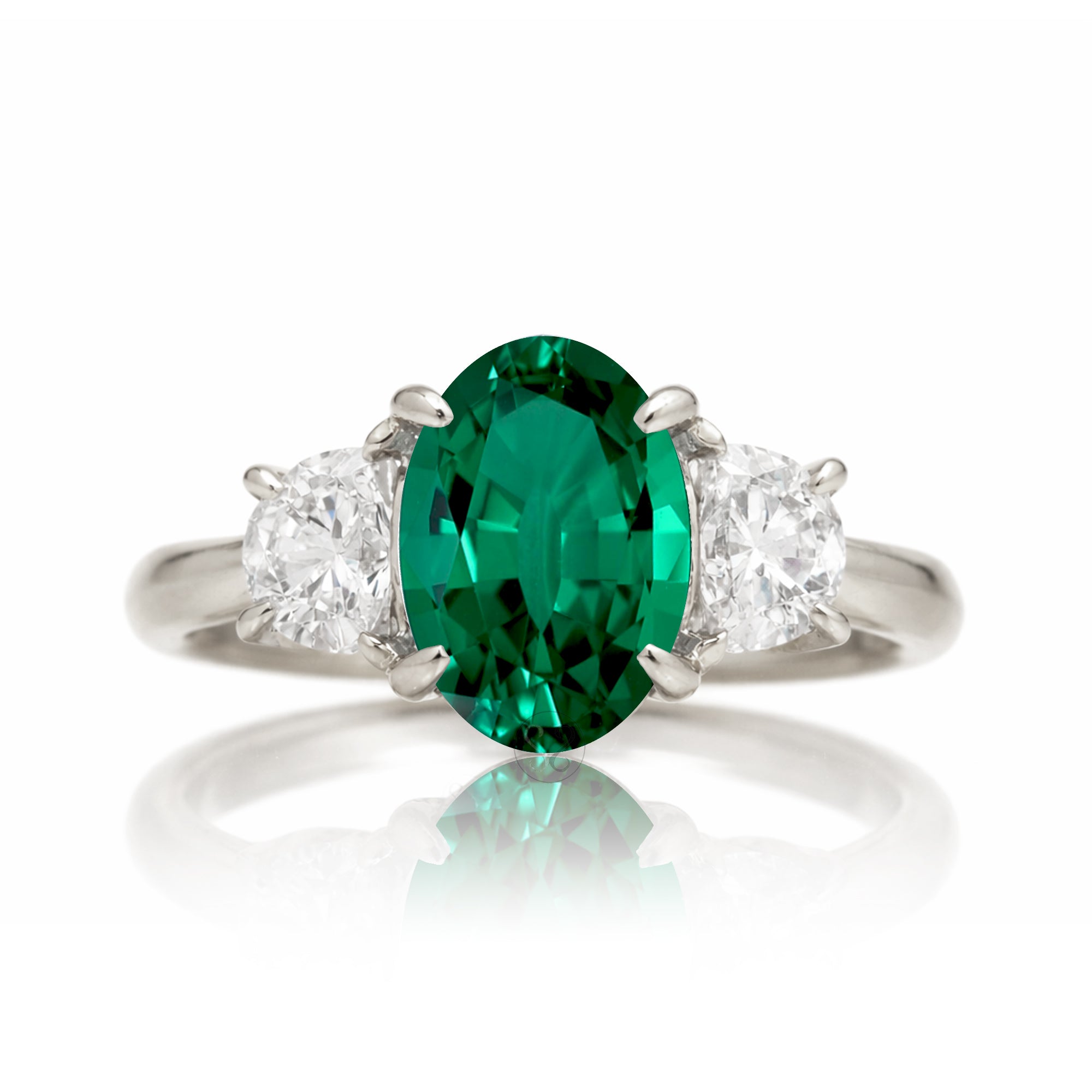 Oval emerald three stone half moon diamond ring white gold