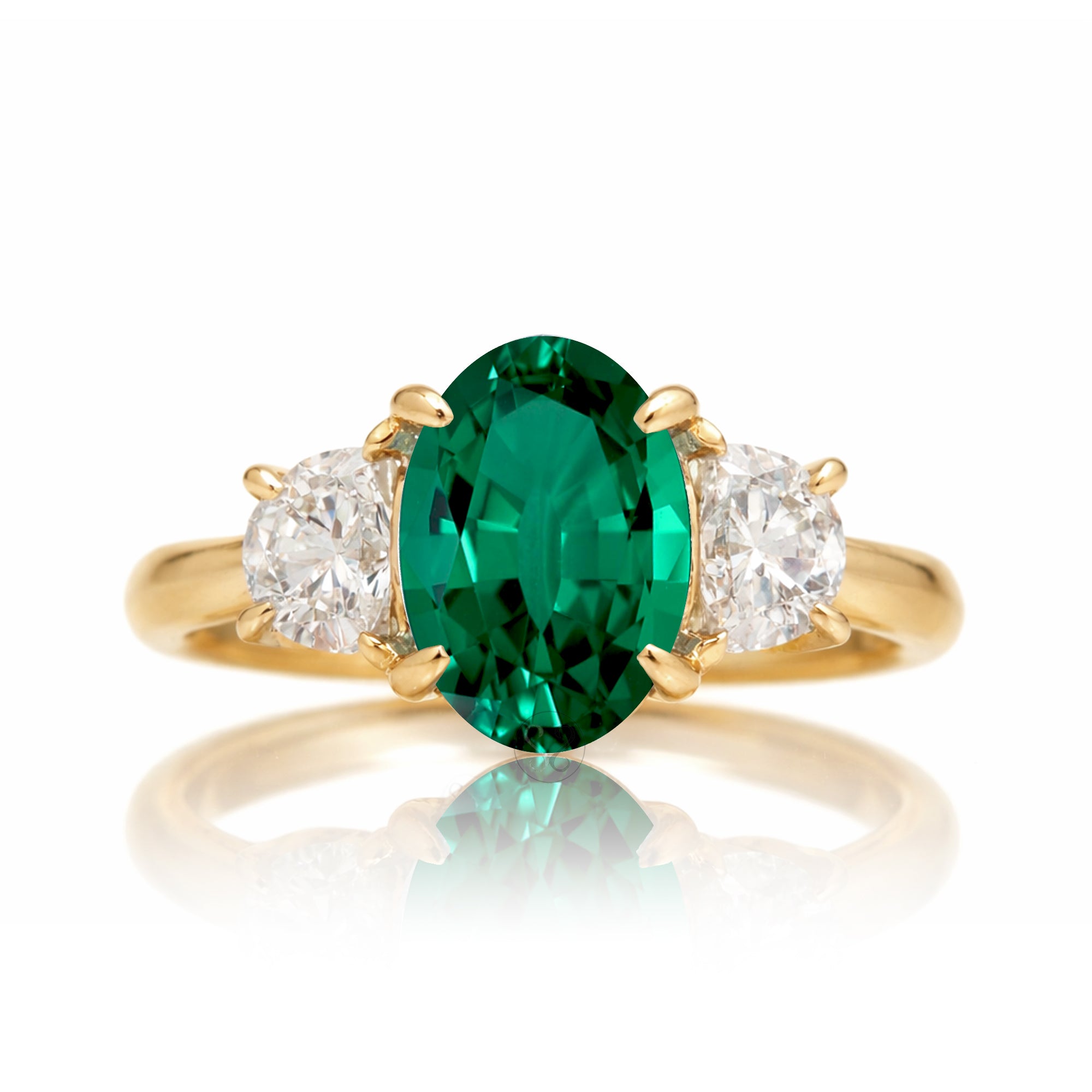 Oval emerald three stone half moon diamond ring yellow gold
