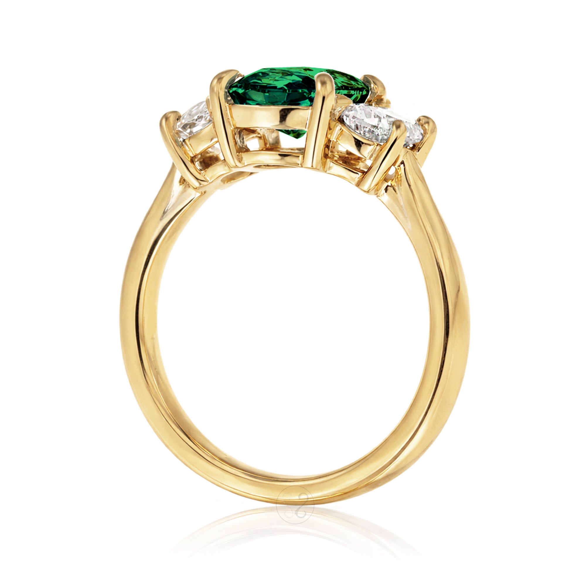 Oval emerald three stone half moon diamond ring yellow gold
