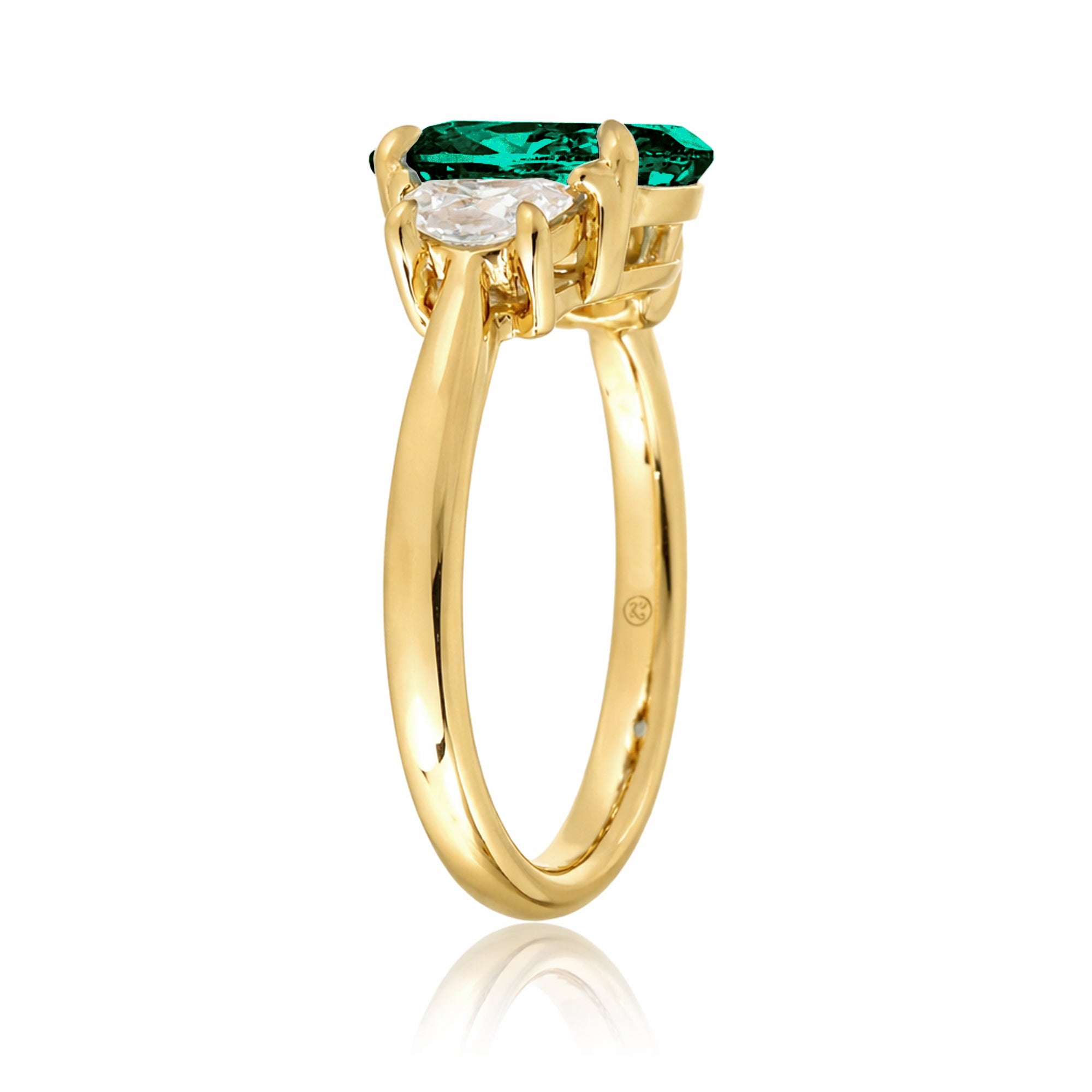 Oval emerald three stone half moon diamond ring yellow gold