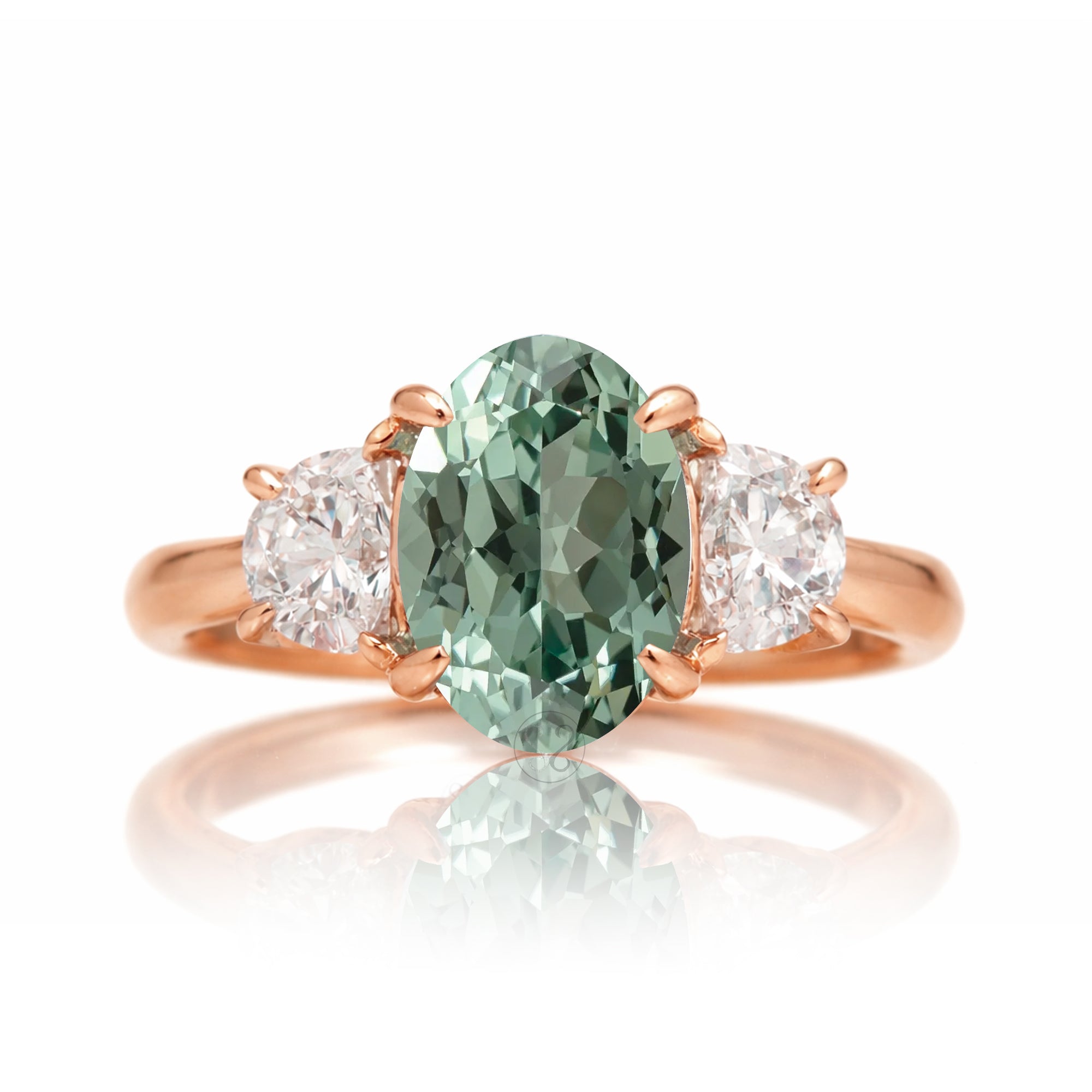 Green sapphire three stone half moon diamond ring rose gold