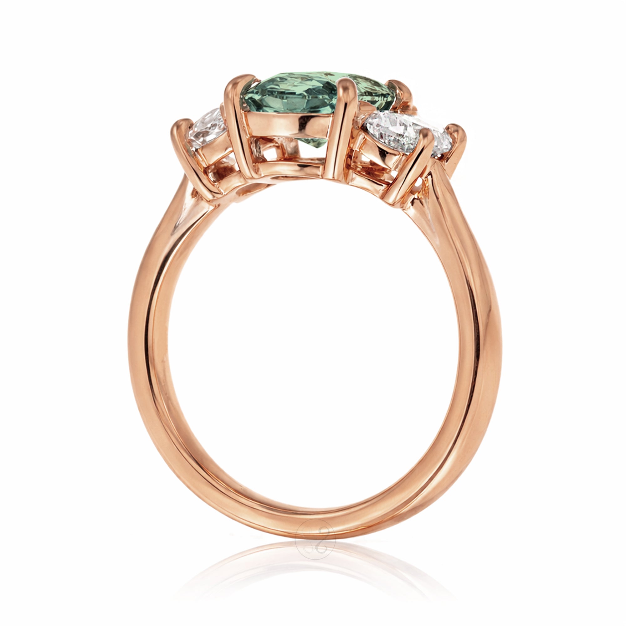 Green sapphire three stone half moon diamond ring rose gold