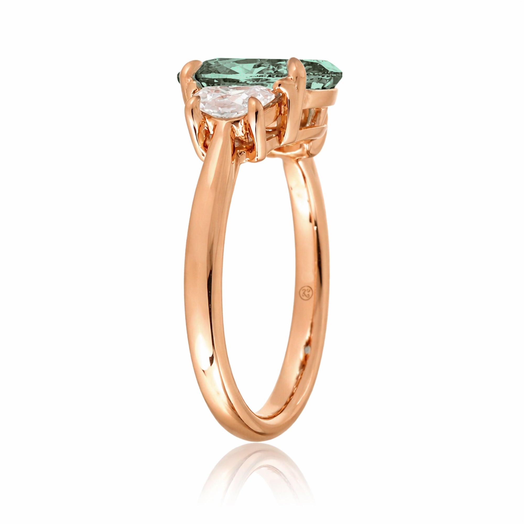 Green sapphire three stone half moon diamond ring rose gold