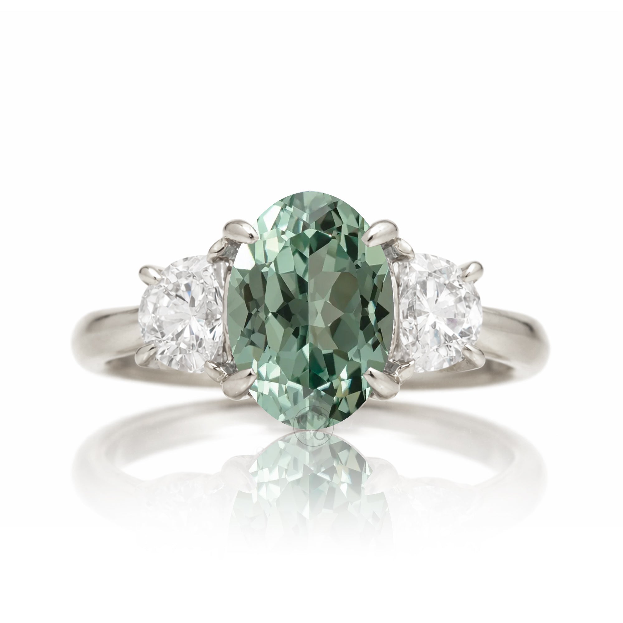Green sapphire three stone half moon diamond ring white gold