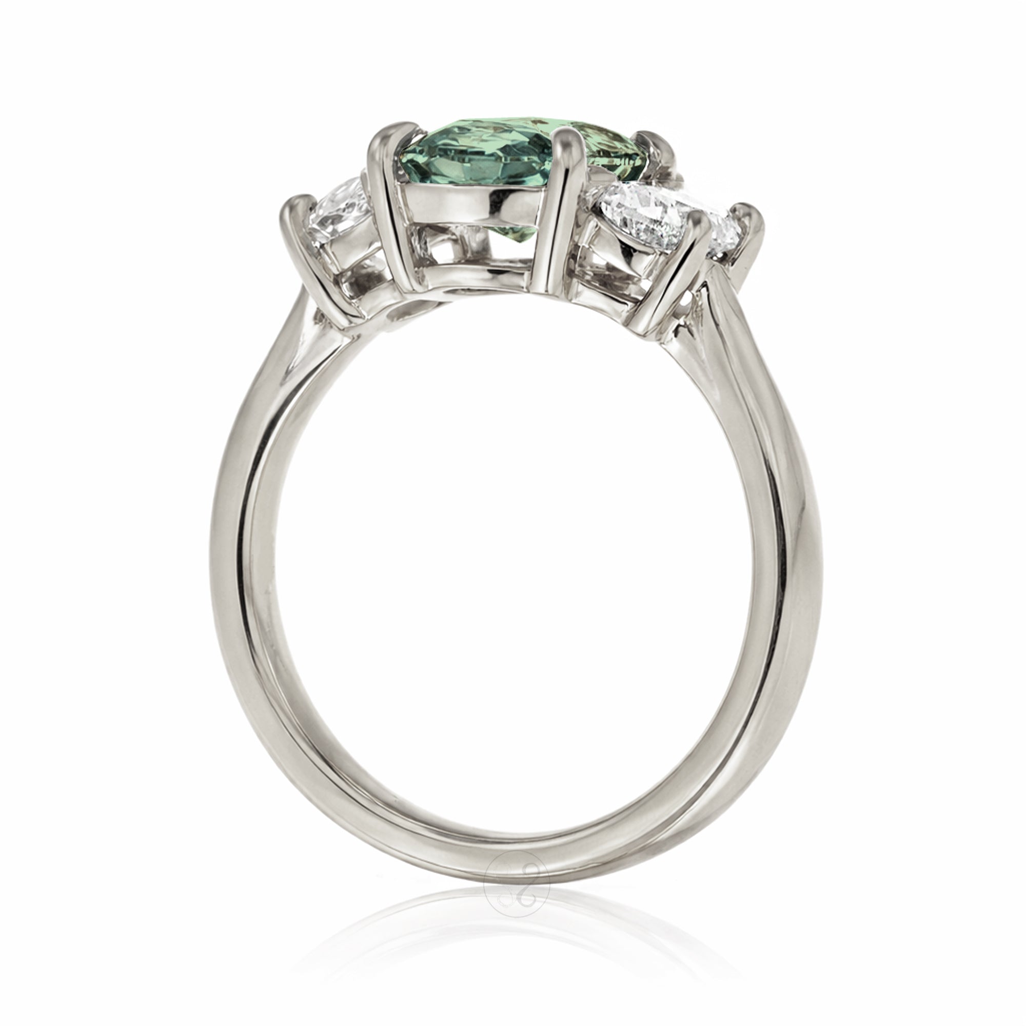Green sapphire three stone half moon diamond ring white gold