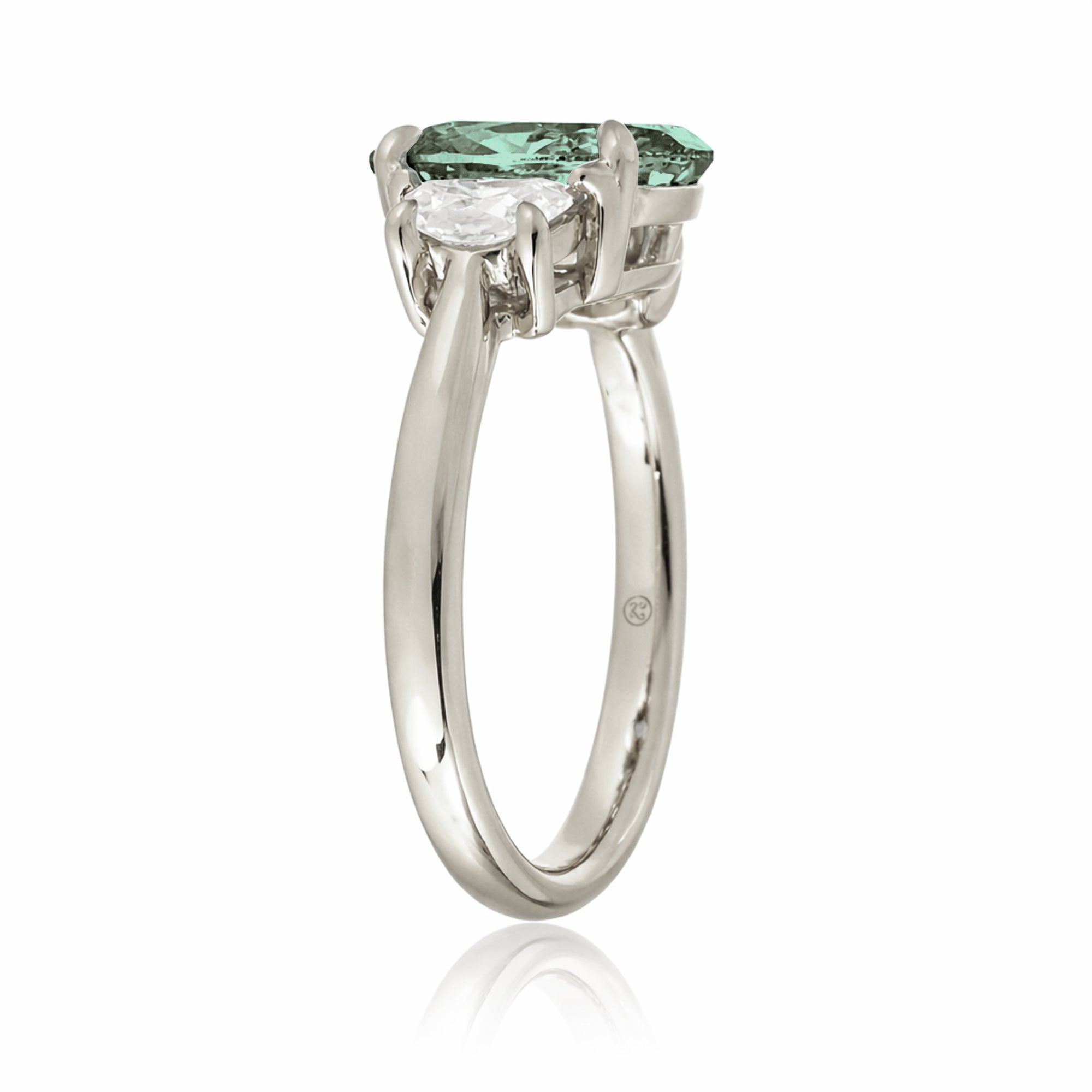 Green sapphire three stone half moon diamond ring white gold