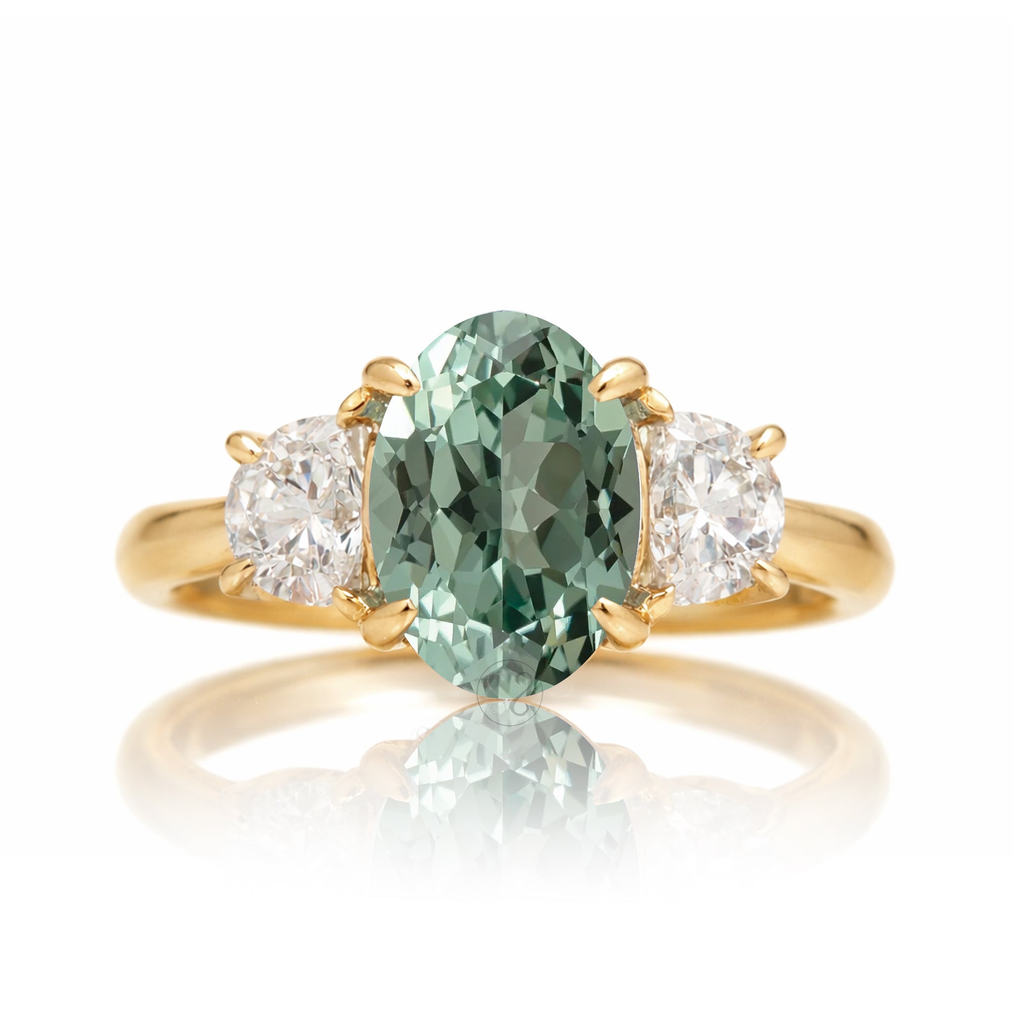 Green sapphire three stone half moon diamond ring yellow gold