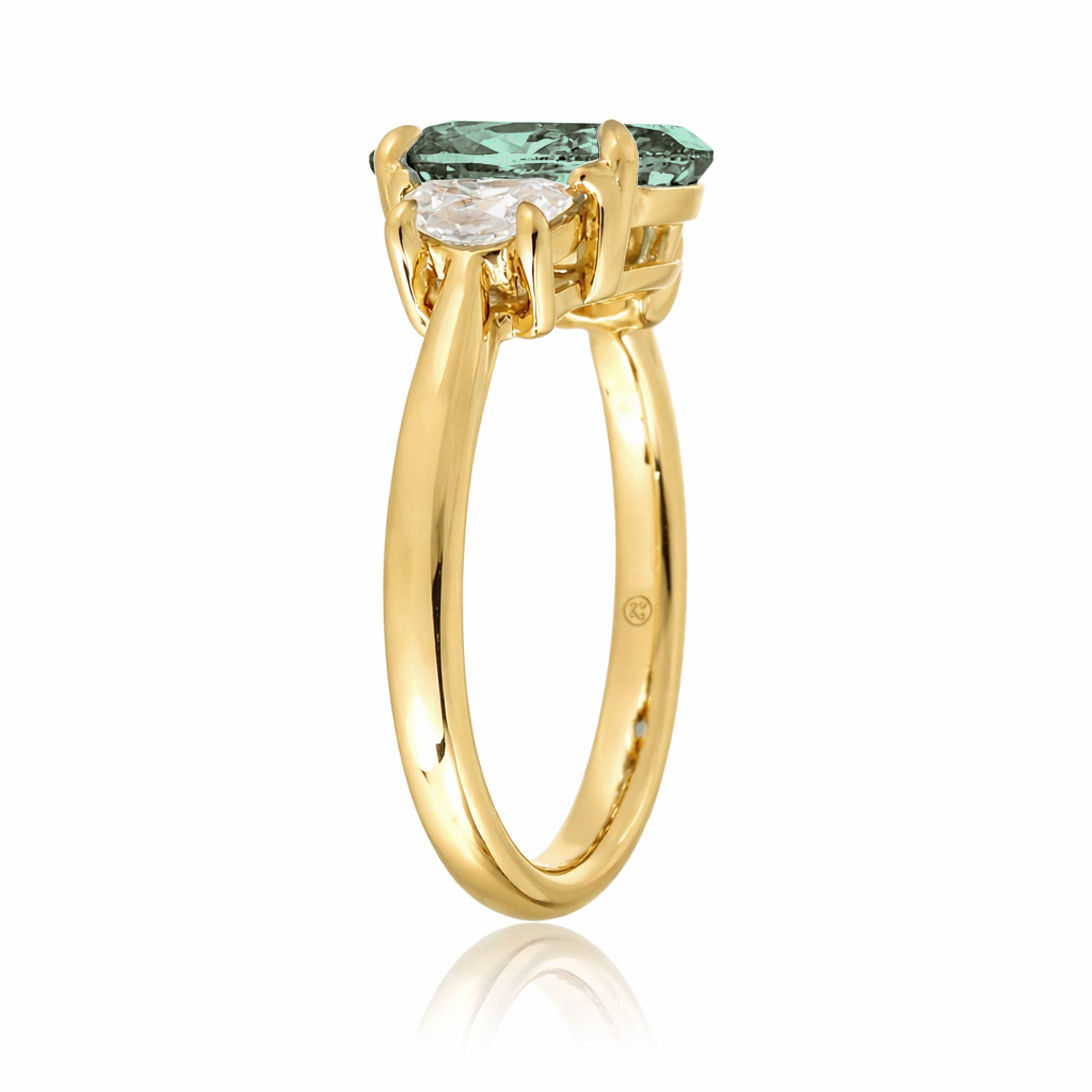 Green sapphire three stone half moon diamond ring yellow gold
