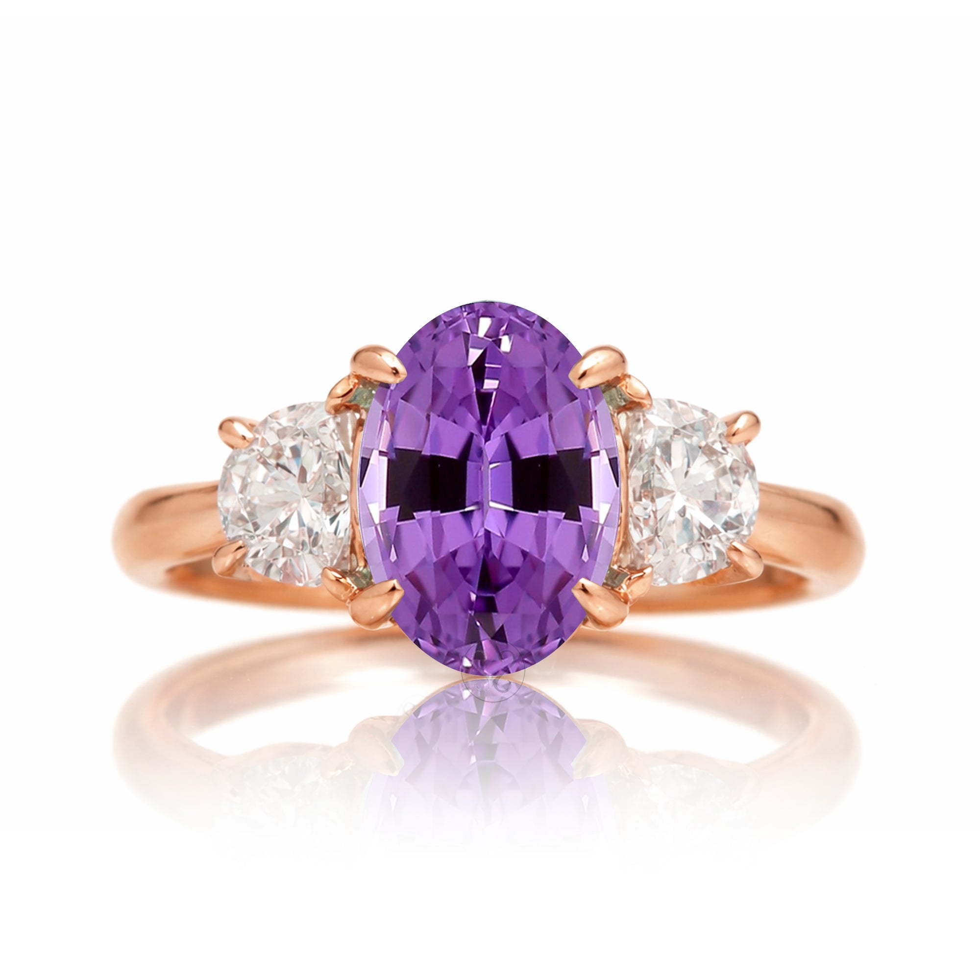 Purple sapphire three stone ring with half moon diamond past present future rose gold