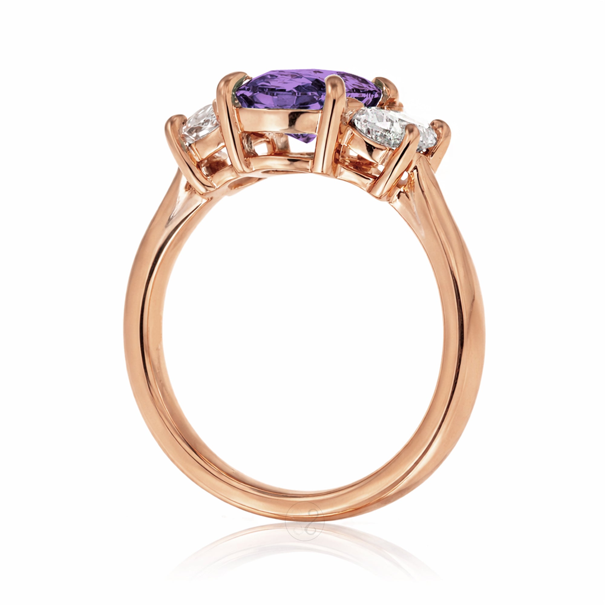 Purple sapphire three stone ring with half moon diamond past present future rose gold