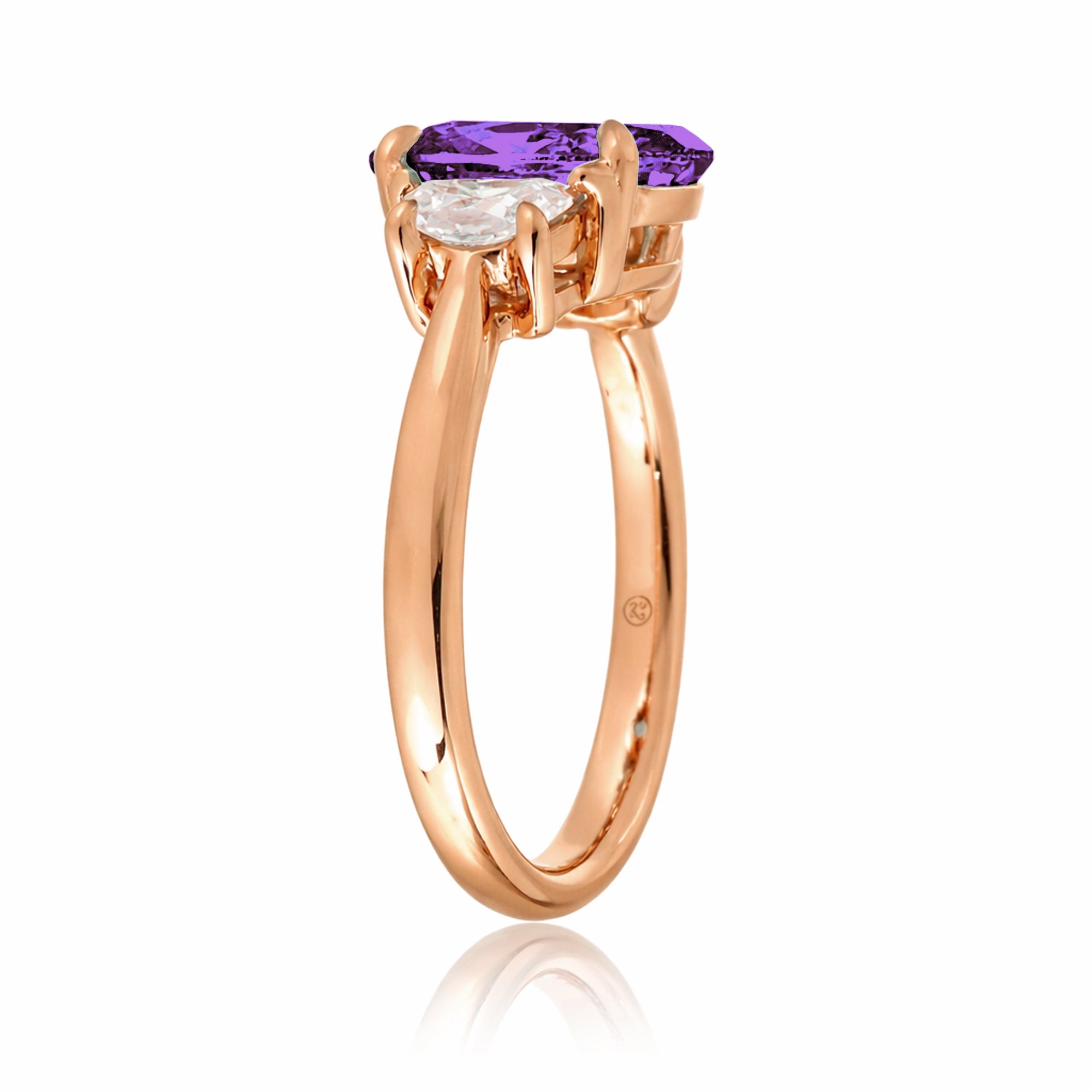 Purple sapphire three stone ring with half moon diamond past present future rose gold