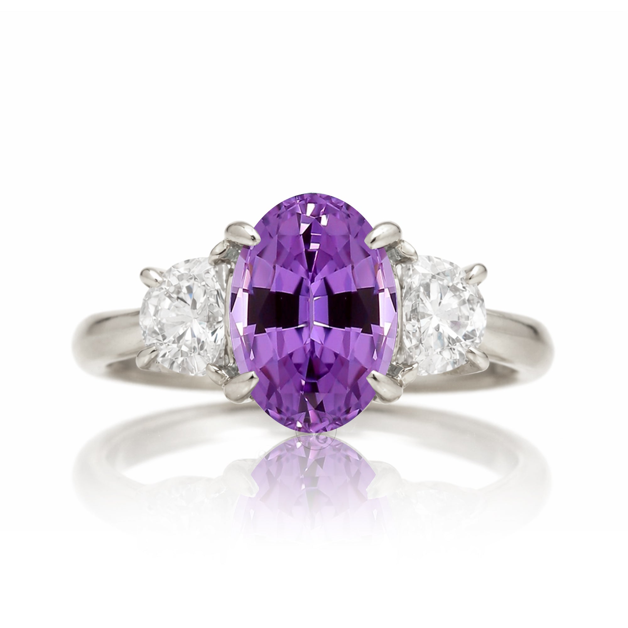 Purple sapphire three stone ring with half moon diamond past present future white gold