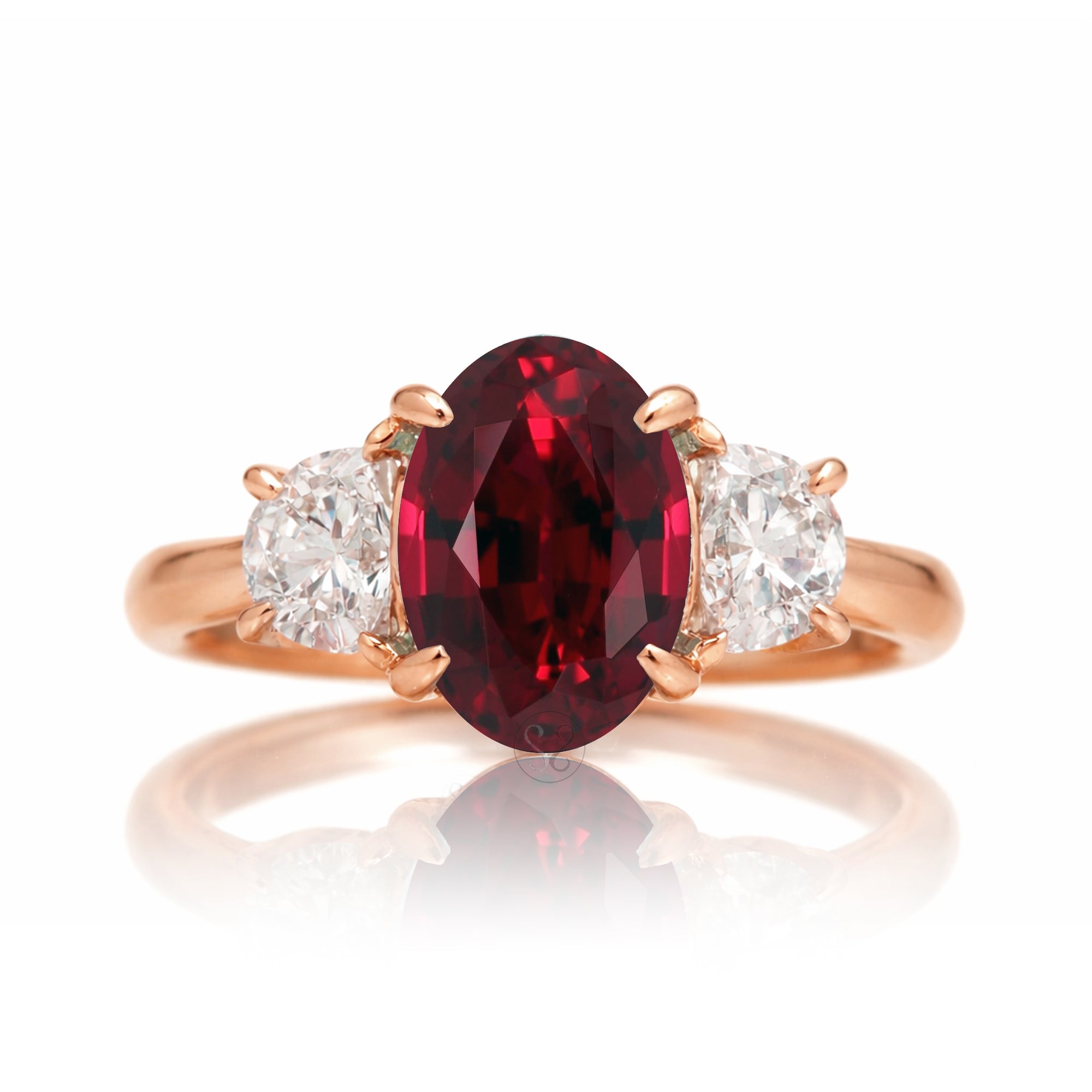 Ruby past present future ring with half moon diamonds in rose gold
