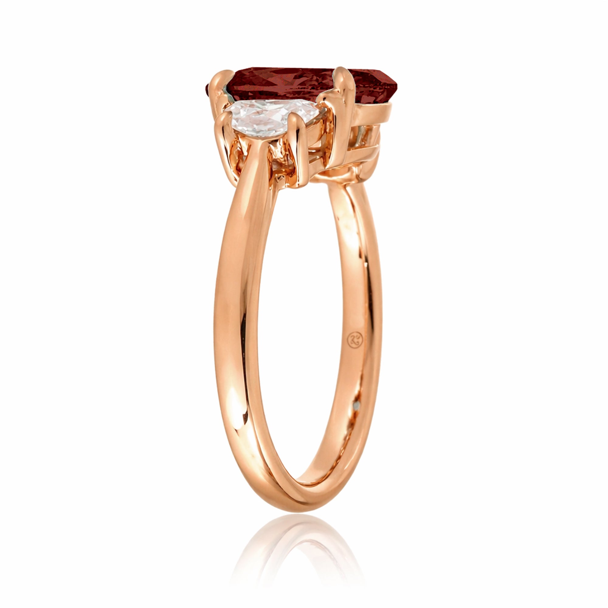 Ruby past present future ring with half moon diamonds in rose gold