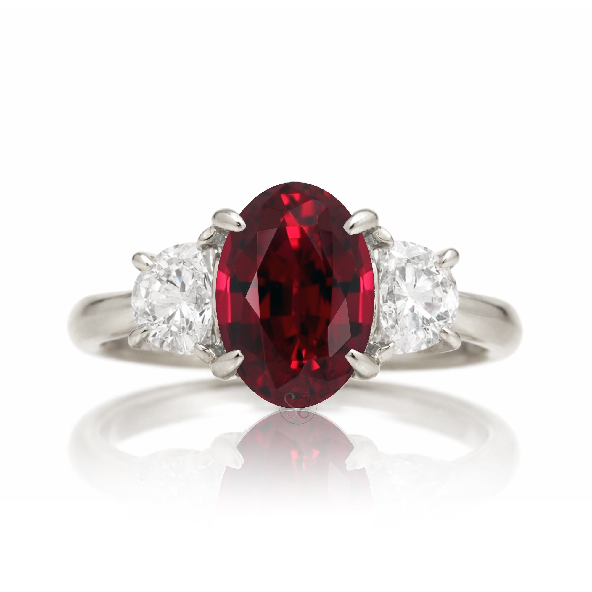 Ruby past present future ring with half moon diamonds in white gold