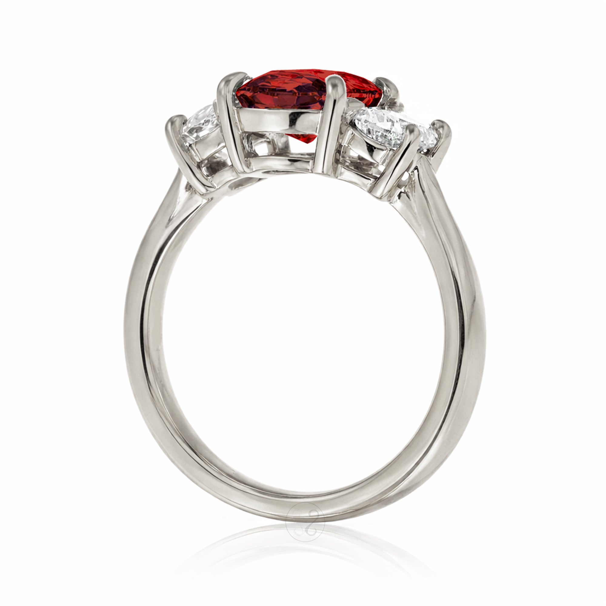 Ruby past present future ring with half moon diamonds in white gold
