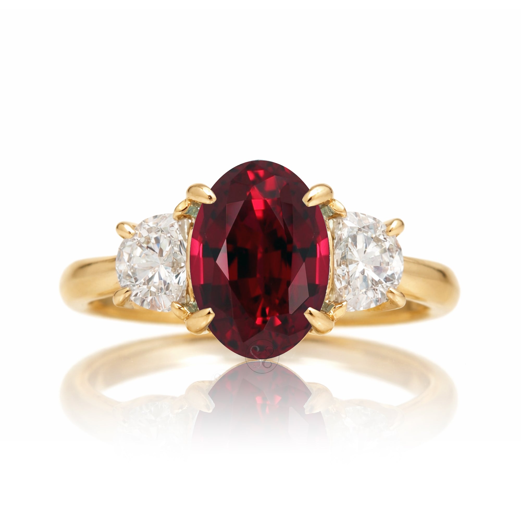 Ruby past present future ring with half moon diamonds in yellow gold