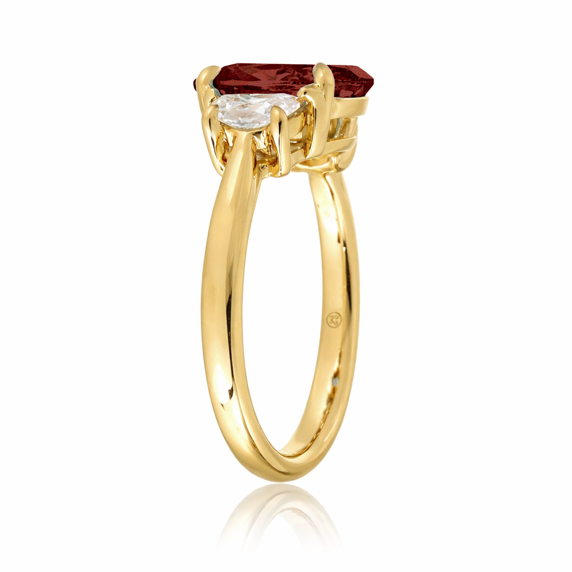 Ruby past present future ring with half moon diamonds in yellow gold