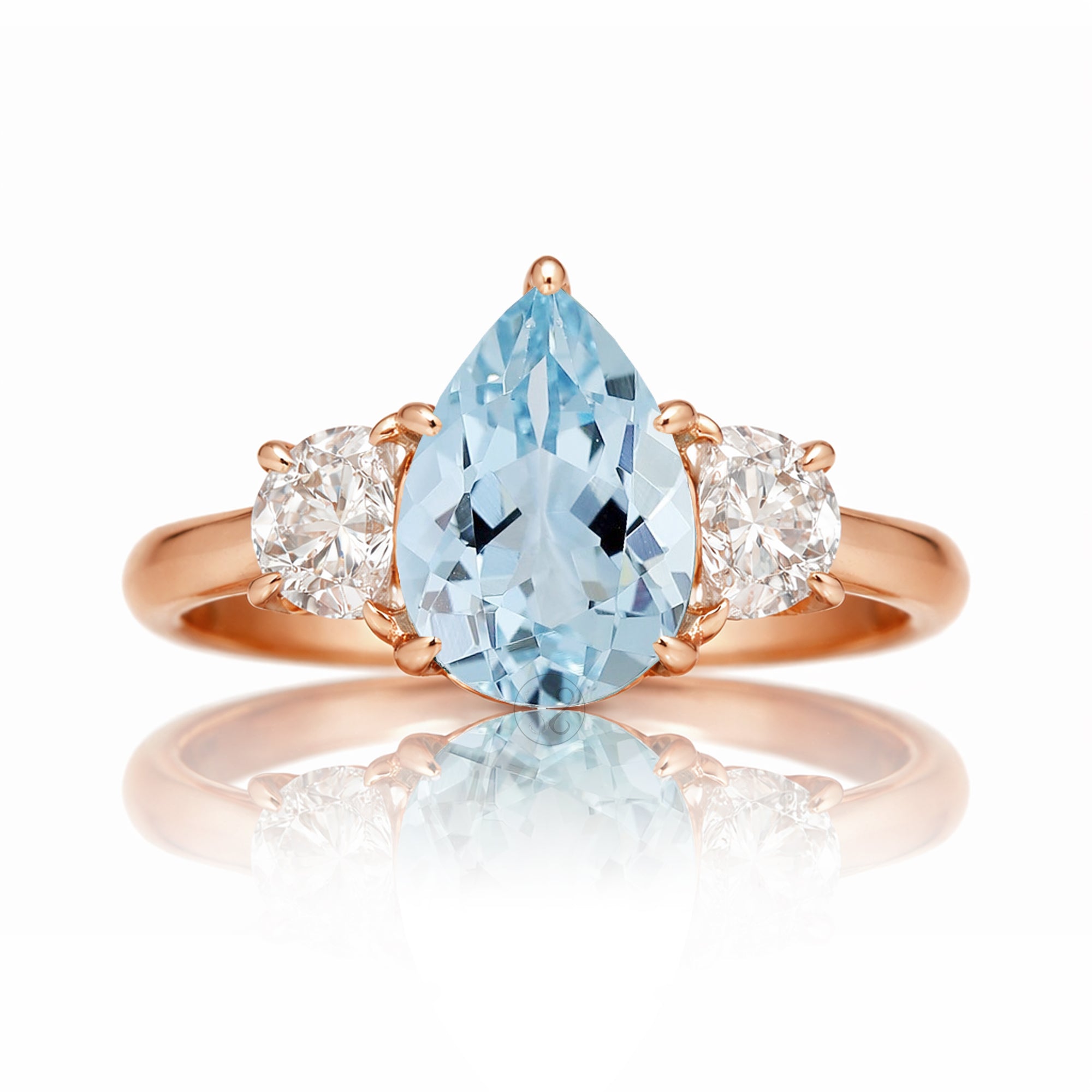 Pear Aquamarine past present future ring with half moon diamonds in rose gold
