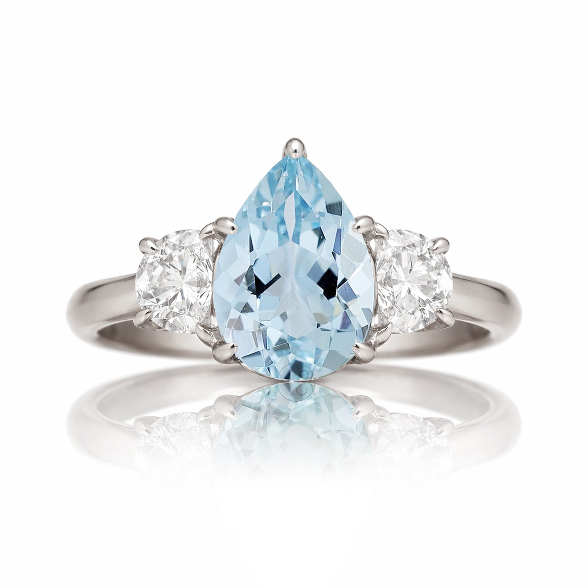 Pear Aquamarine past present future ring with half moon diamonds in white gold