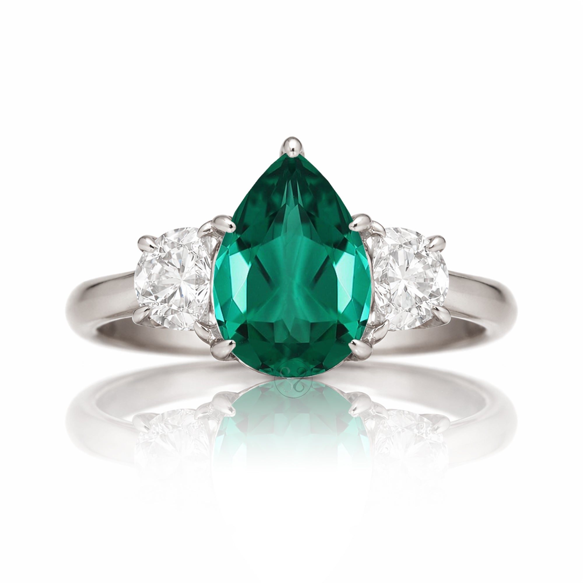 Pear emerald three stone half moon diamond ring white gold
