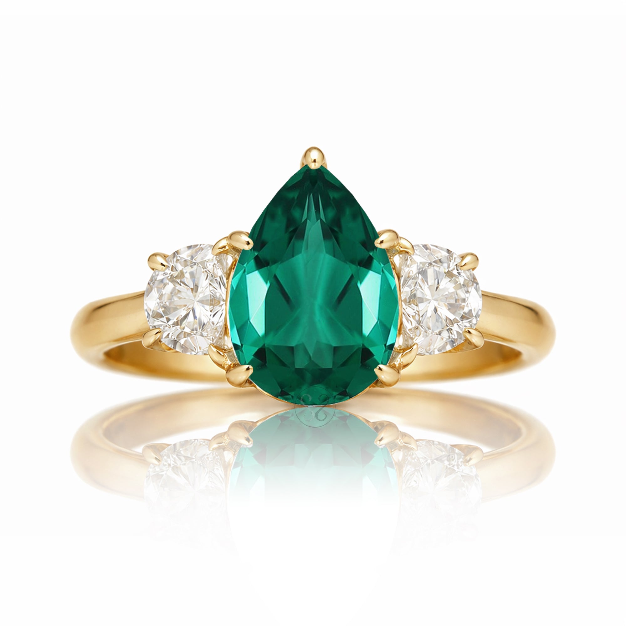 Pear emerald three stone half moon diamond ring yellow gold