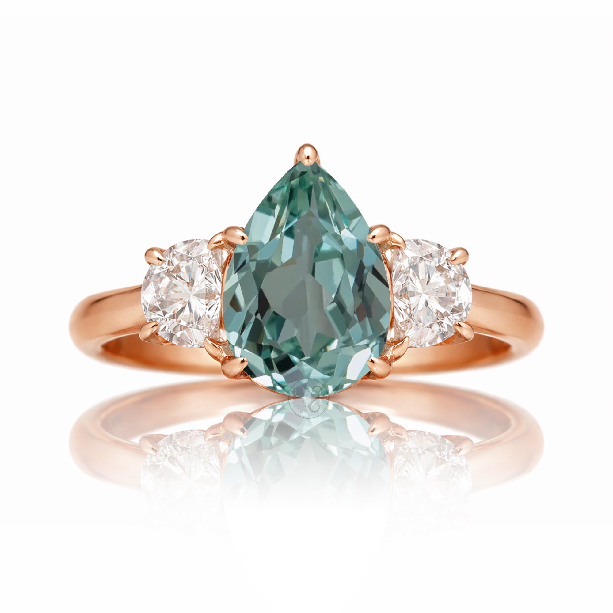 Pear Green sapphire three stone half moon diamond ring rose gold