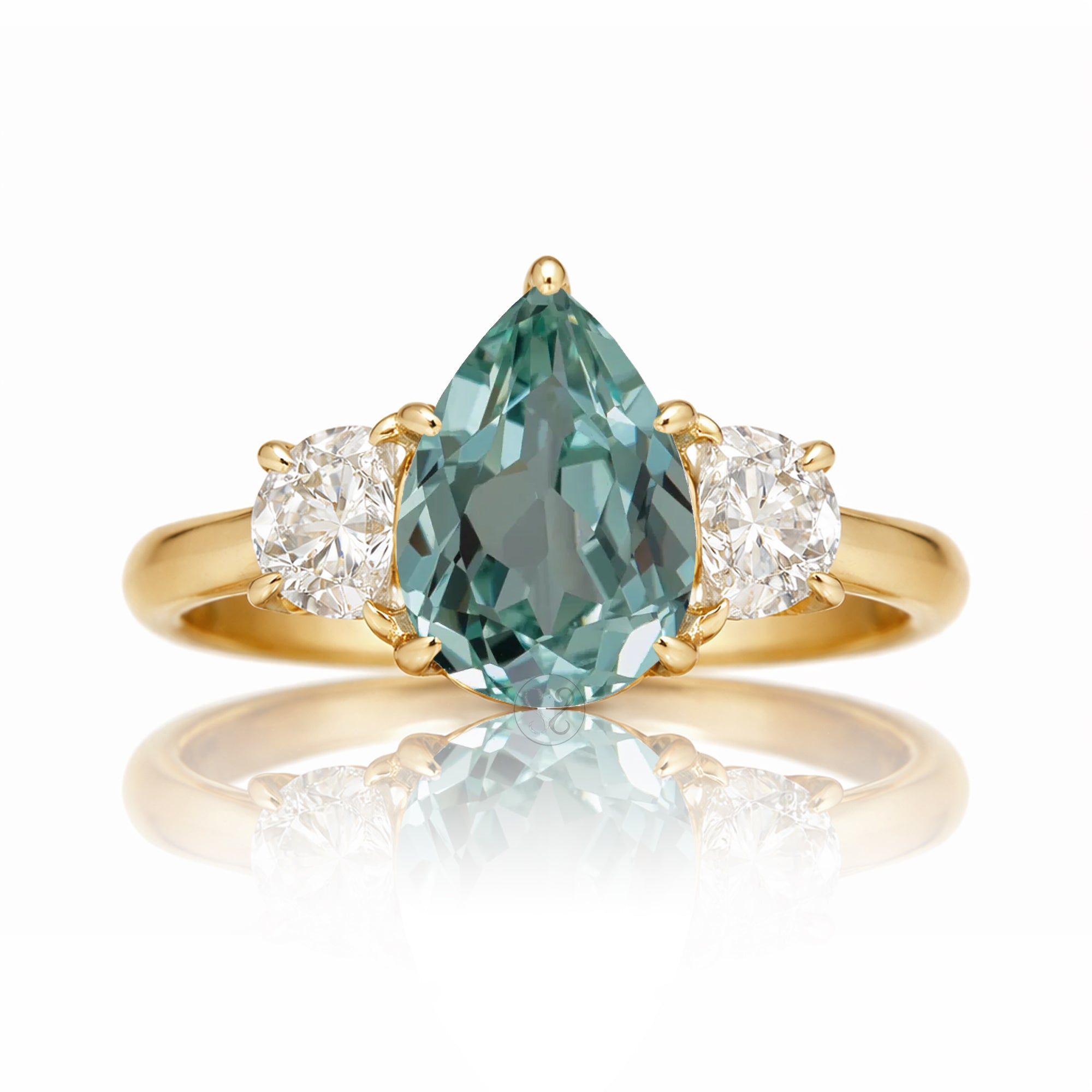 Pear Green sapphire three stone half moon diamond ring yellow gold