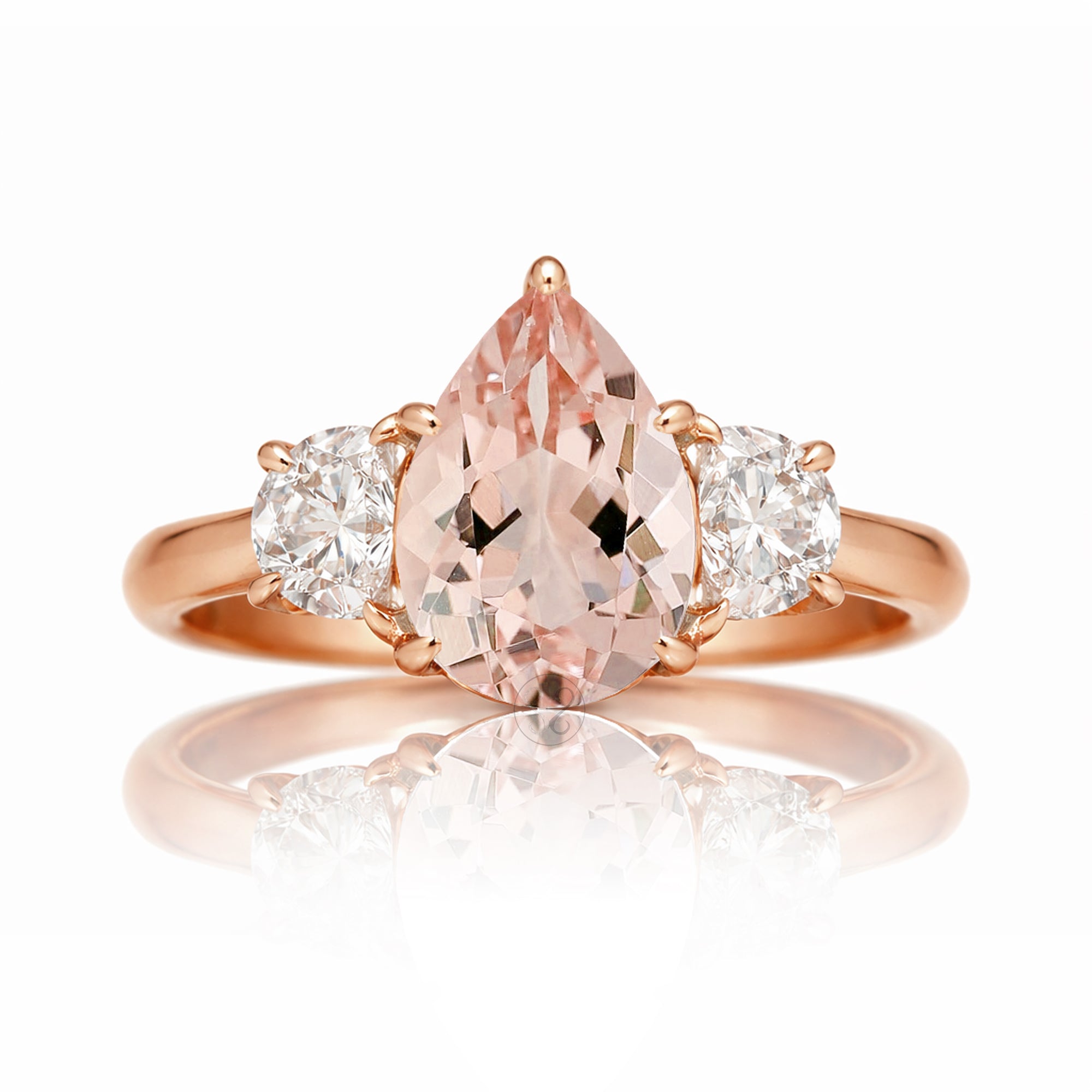 Pear cut morganite diamond three stone half moon diamond rose gold ring