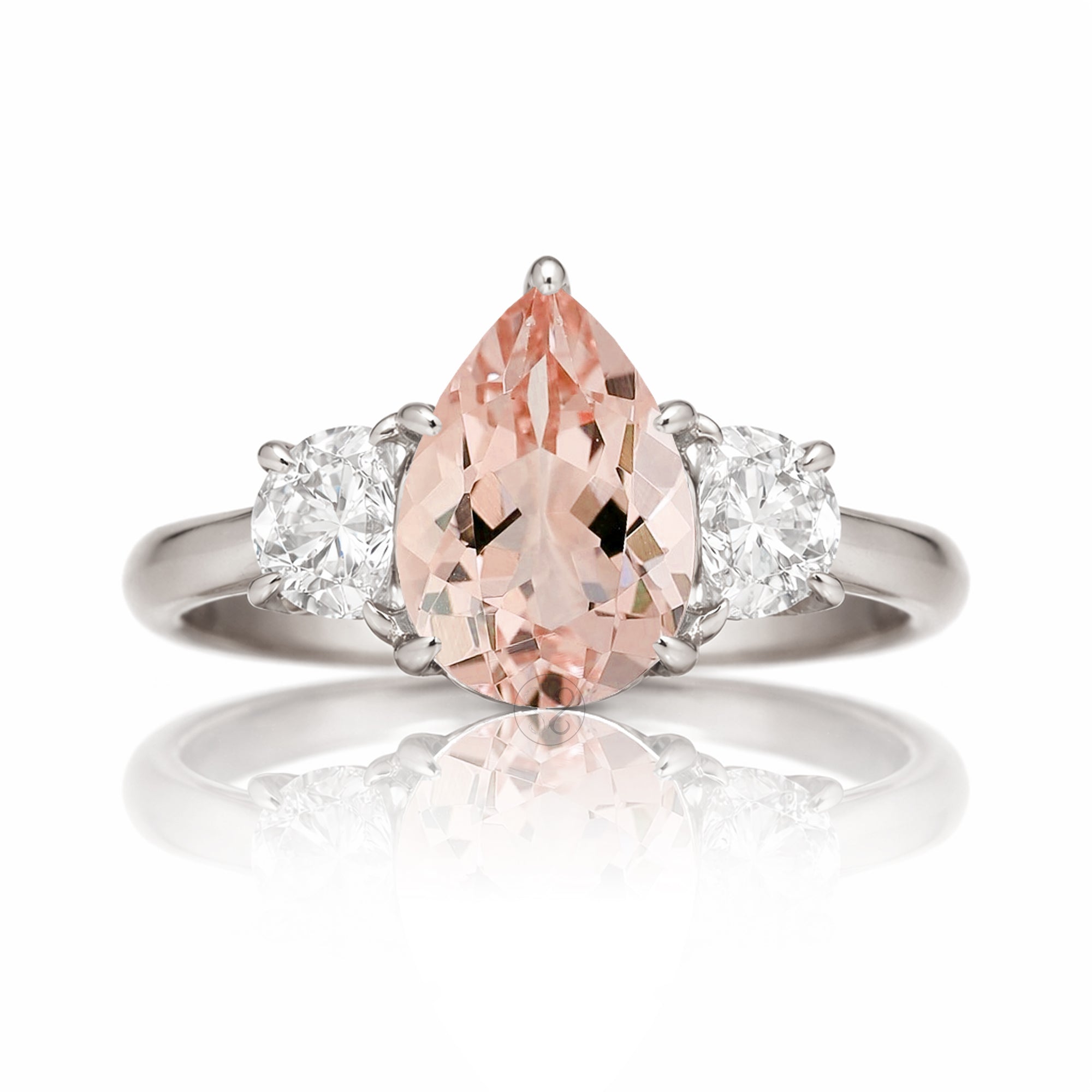 Pear cut morganite diamond three stone half moon diamond white gold ring