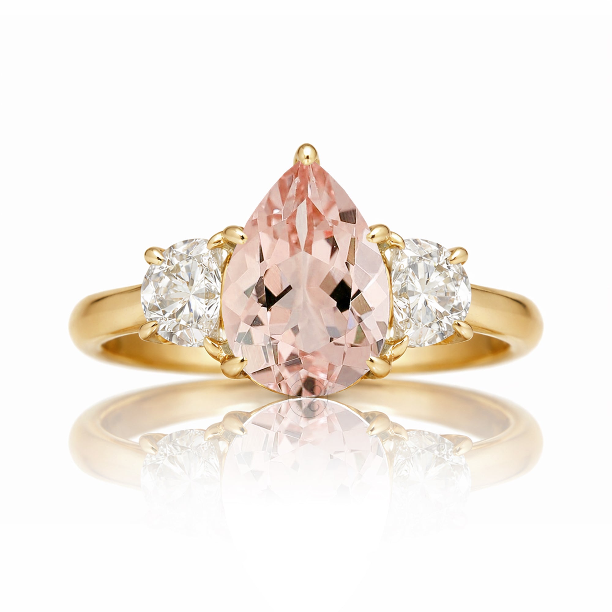 Pear cut morganite diamond three stone half moon diamond yellow gold ring