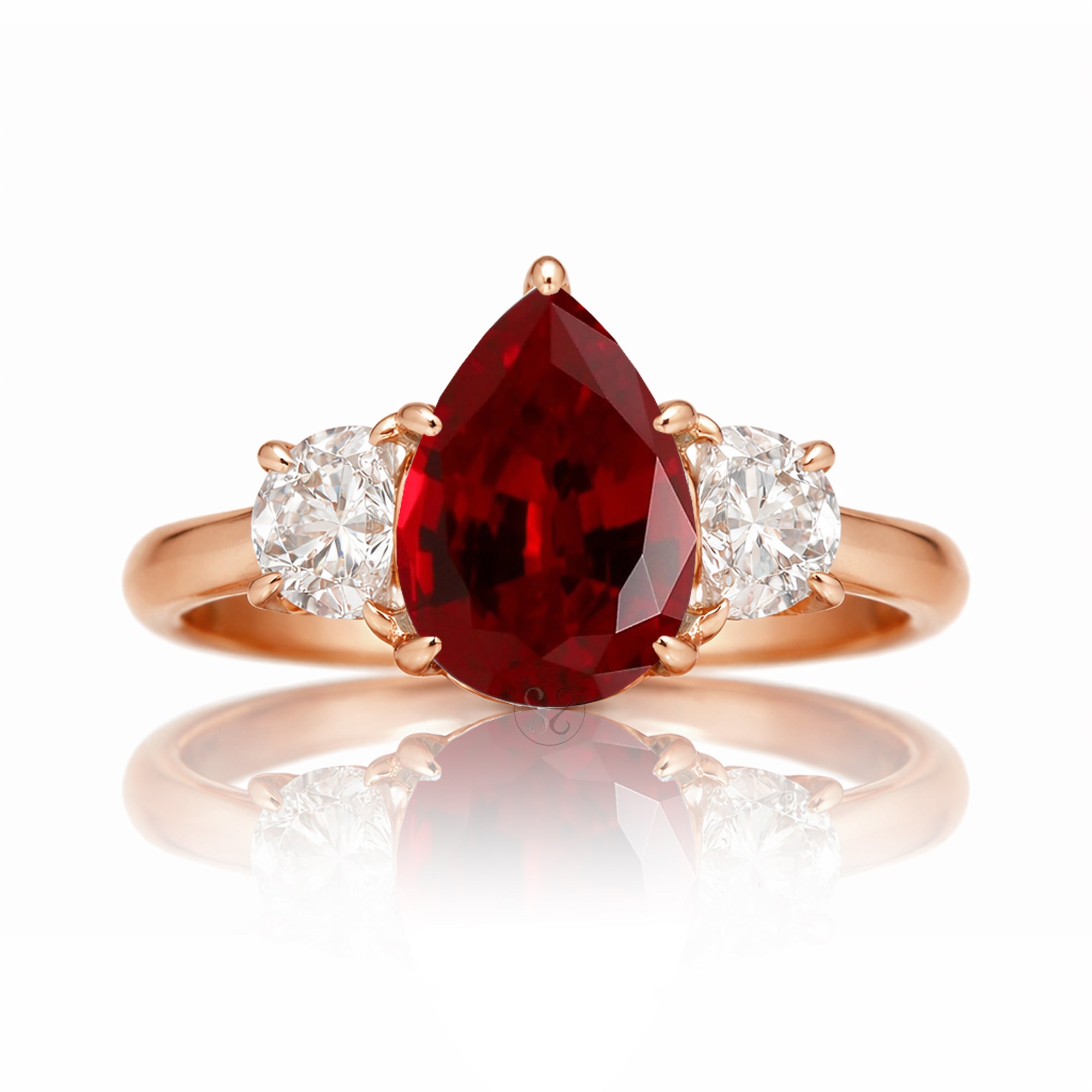 Peaer Ruby past present future ring with half moon diamonds in rose gold