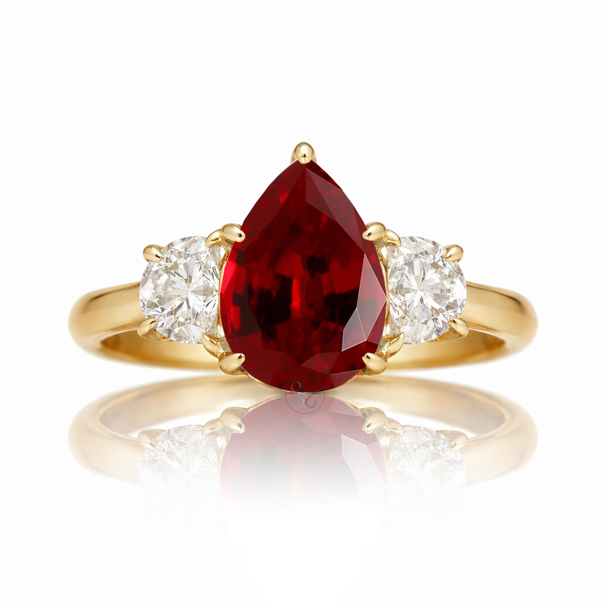 Peaer Ruby past present future ring with half moon diamonds in yellow gold
