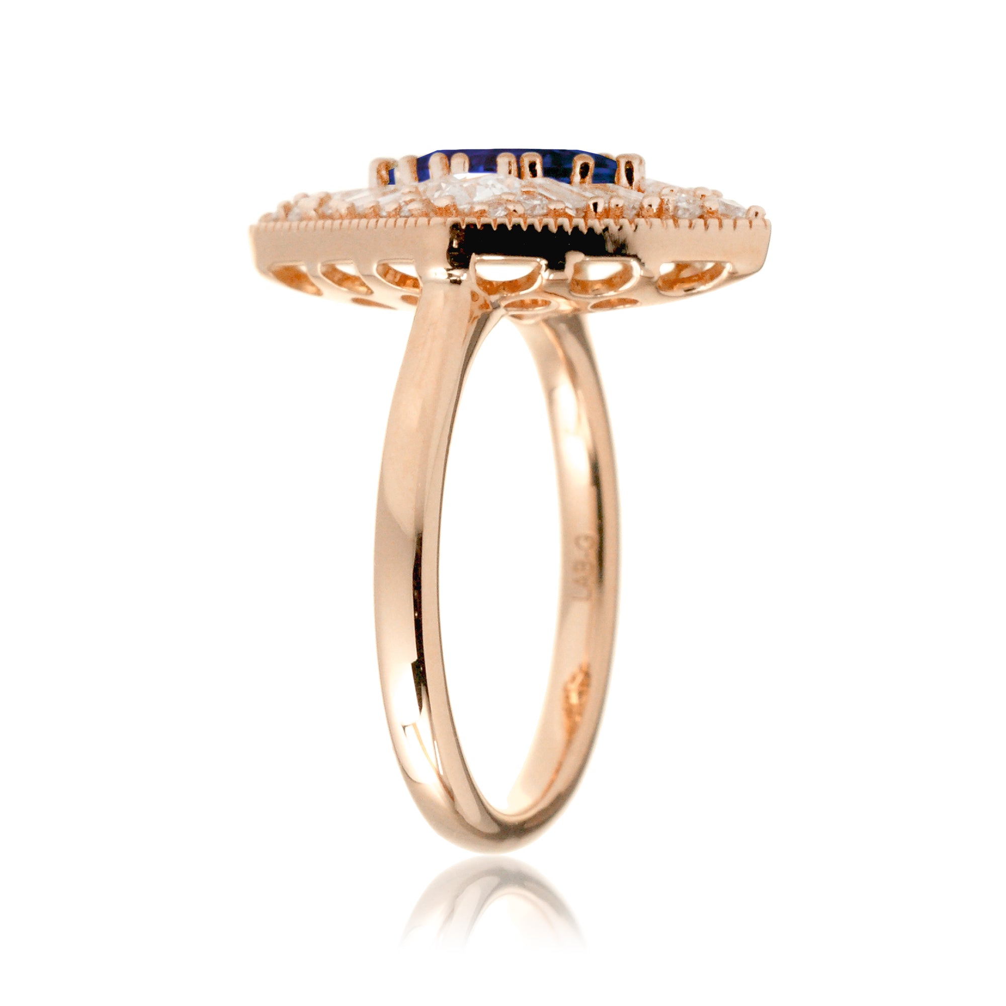 Kite cut blue sapphire diamond halo vintage style ring rose gold