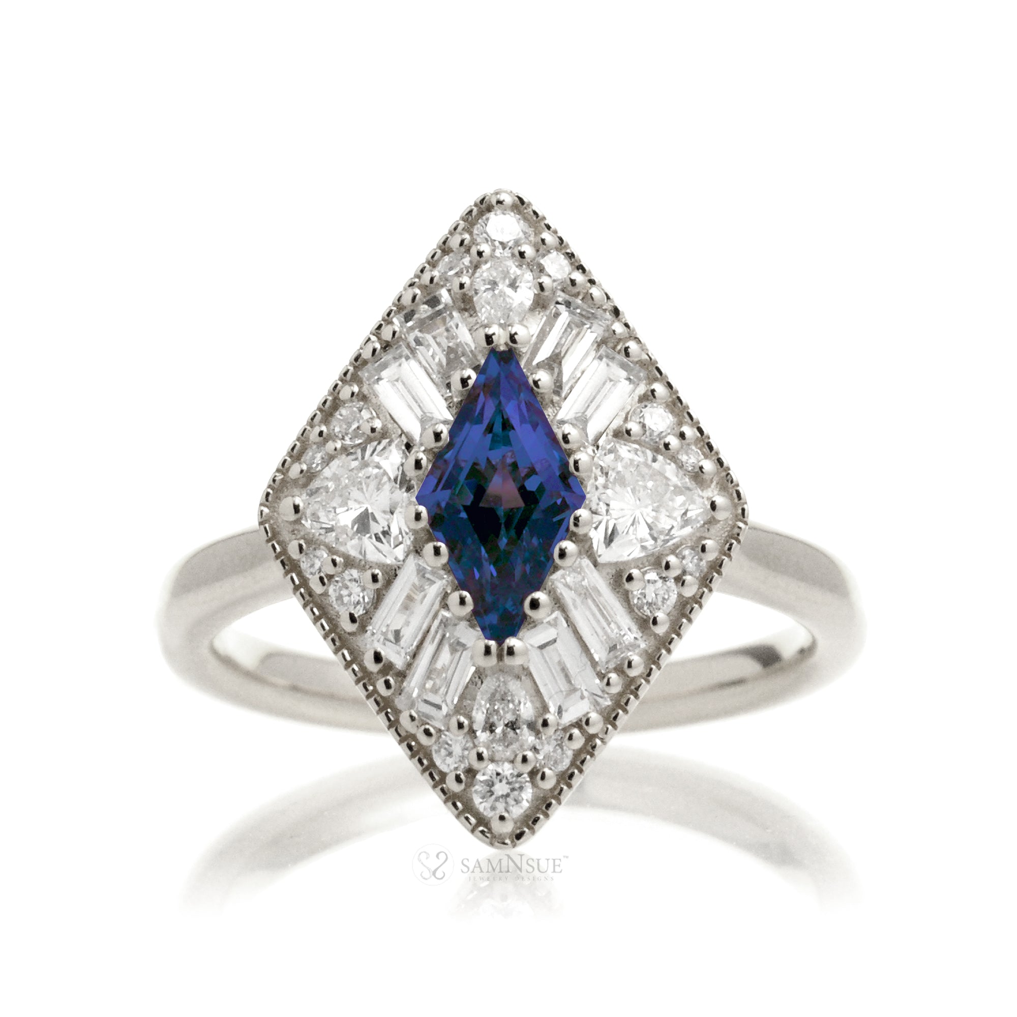 Kite cut blue sapphire diamond halo vintage style ring white gold