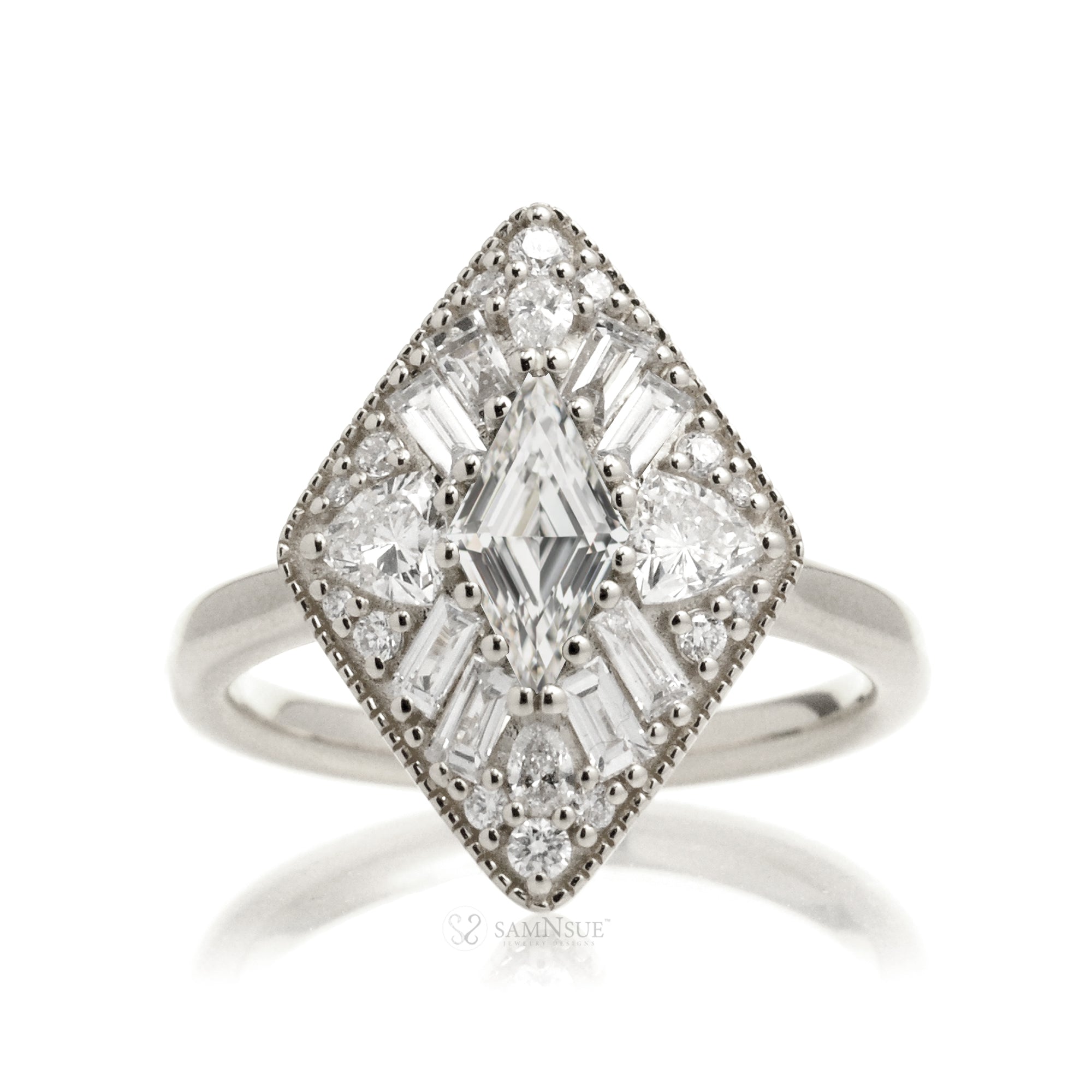 Kite cut diamond halo vintage style ring white gold