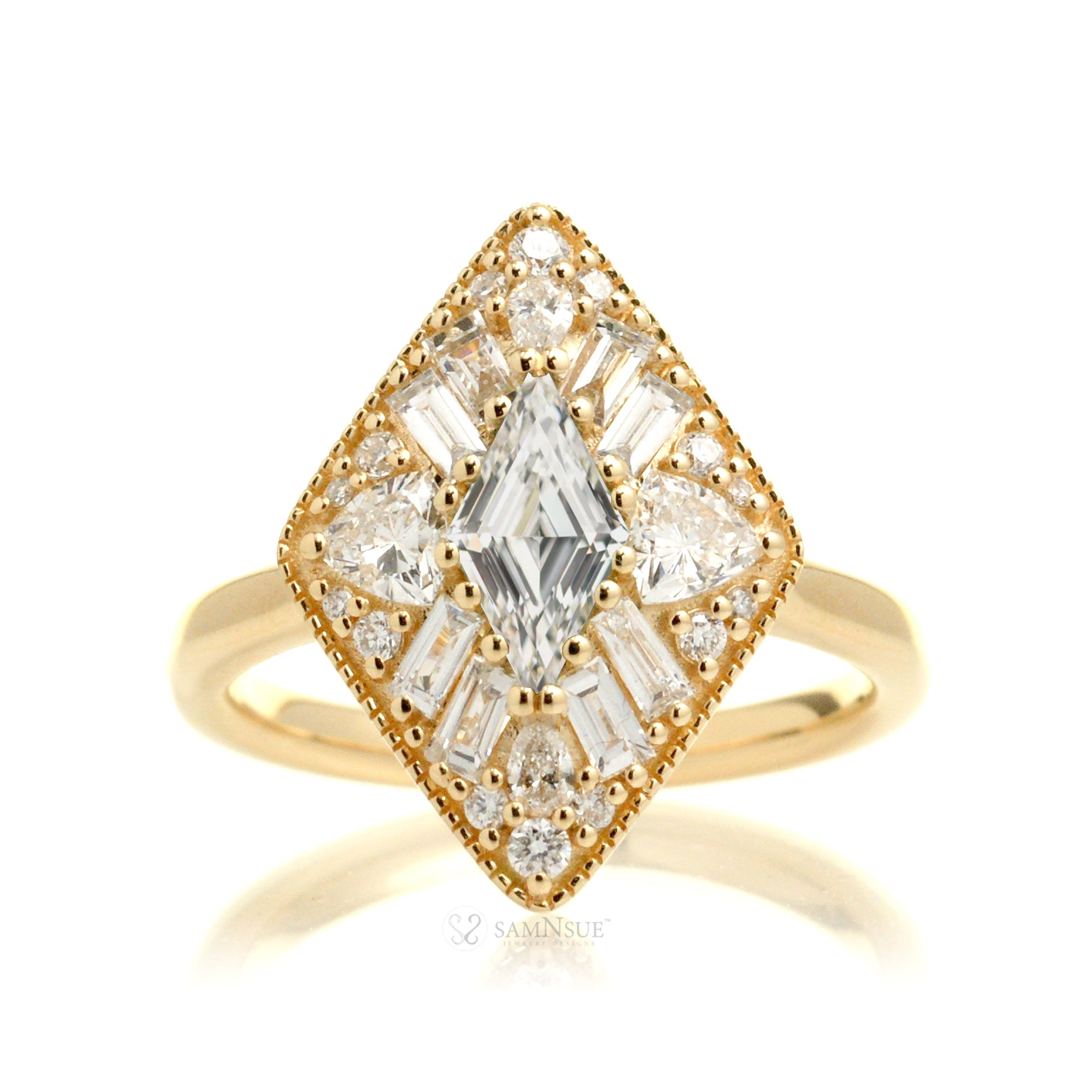 Kite cut diamond halo vintage style ring yellowgold