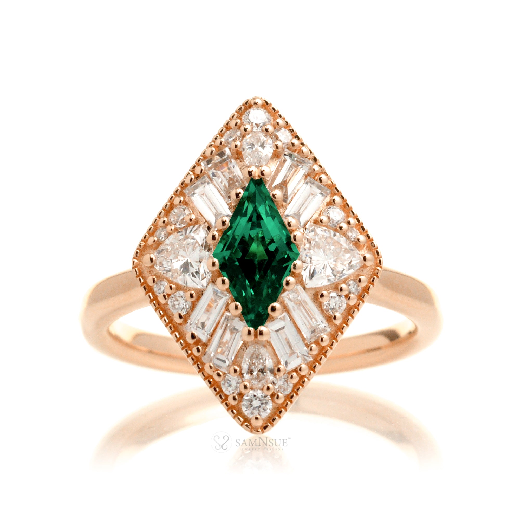 Kite cut green emerald and diamond vintage halo ring in rose gold