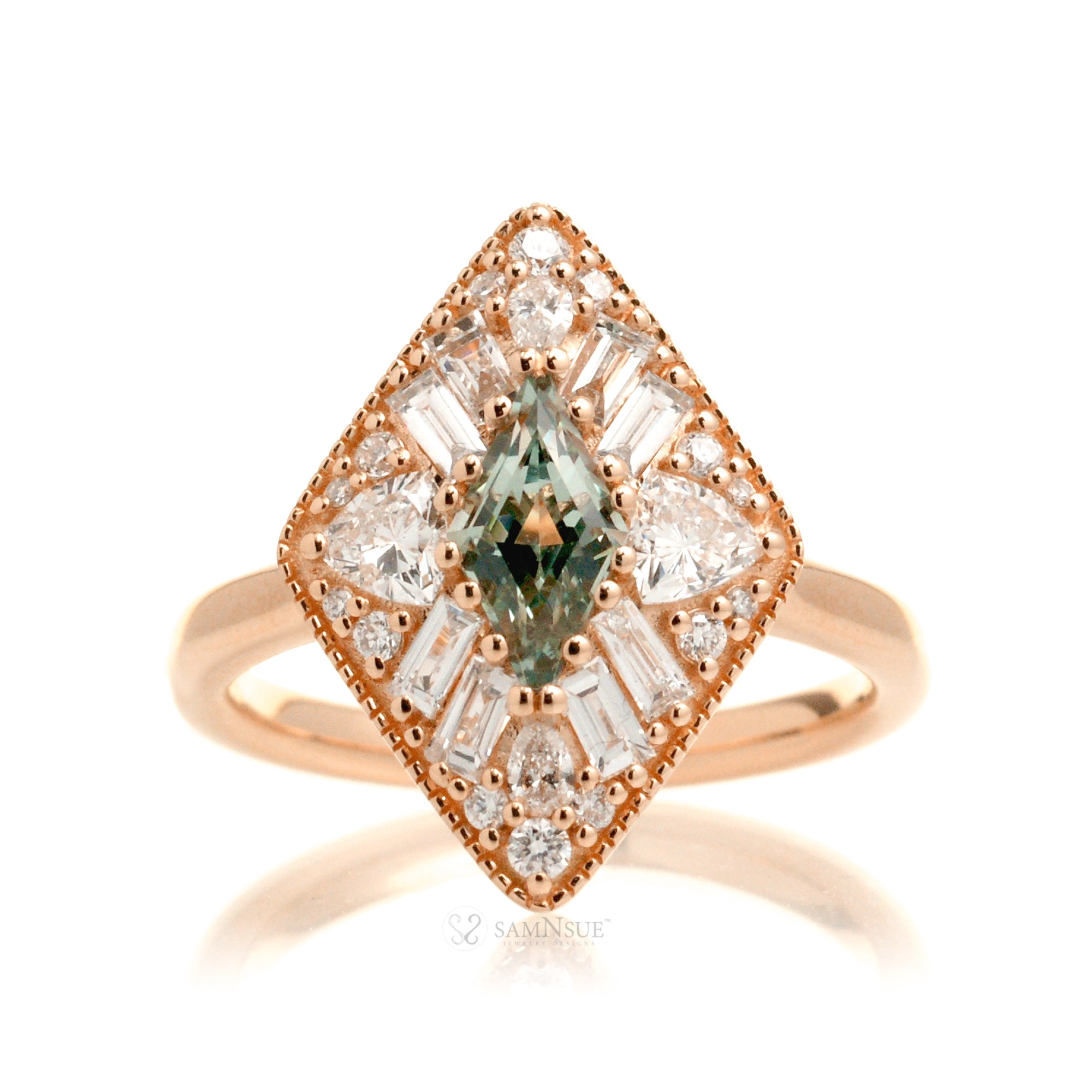 Kite cut green sapphire and diamond halo vintage style ring rose gold