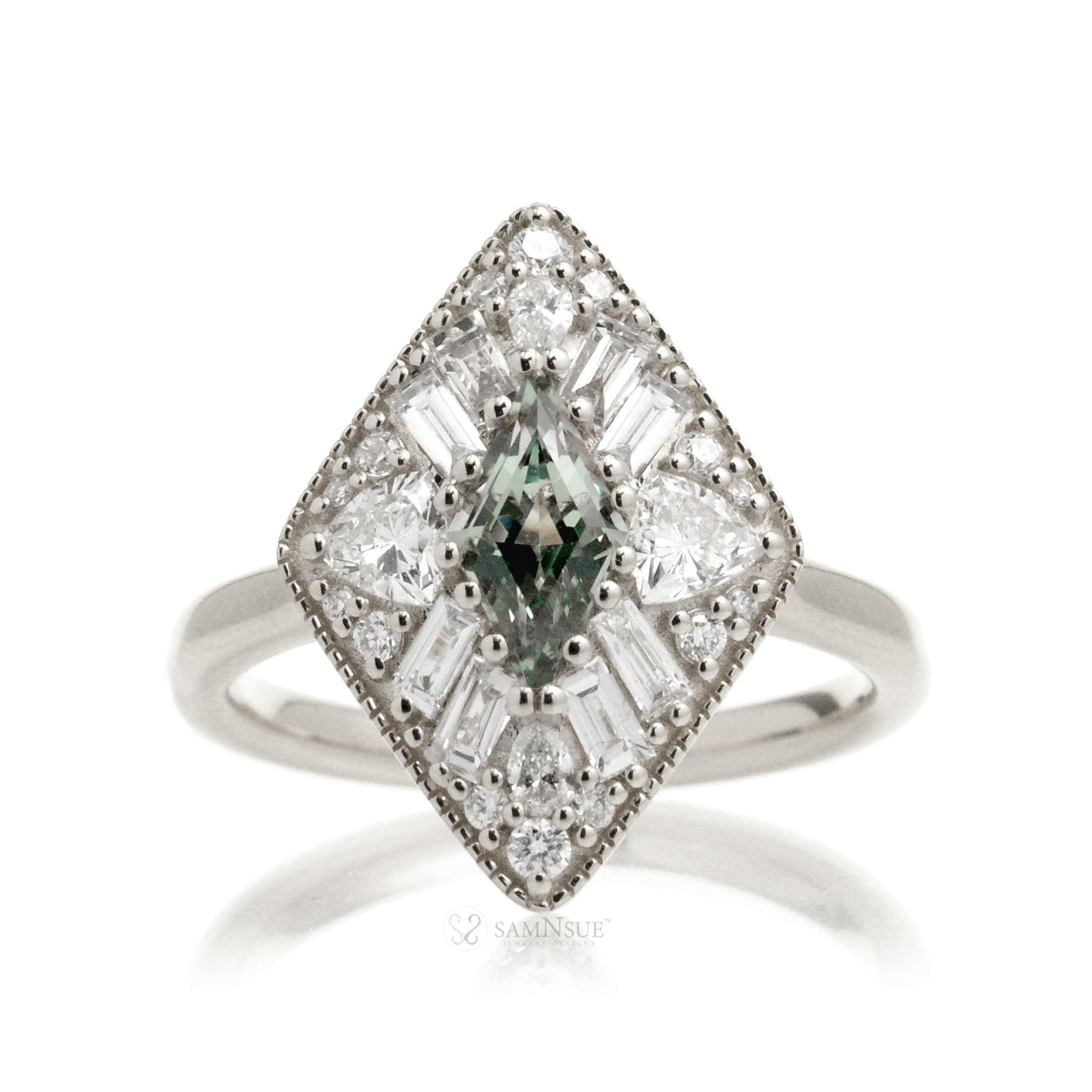 Kite cut green sapphire and diamond halo vintage style ring white gold