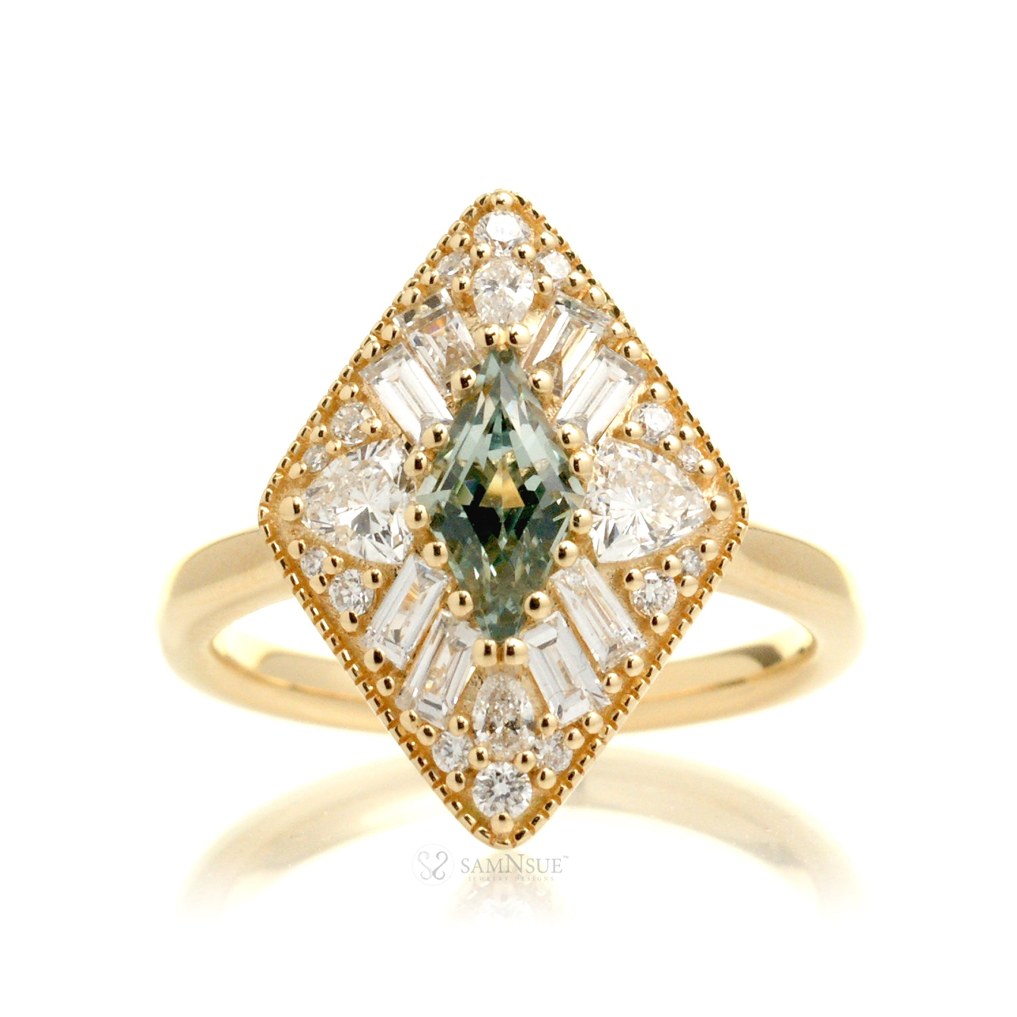 Kite cut green sapphire and diamond halo vintage style ring yellow gold