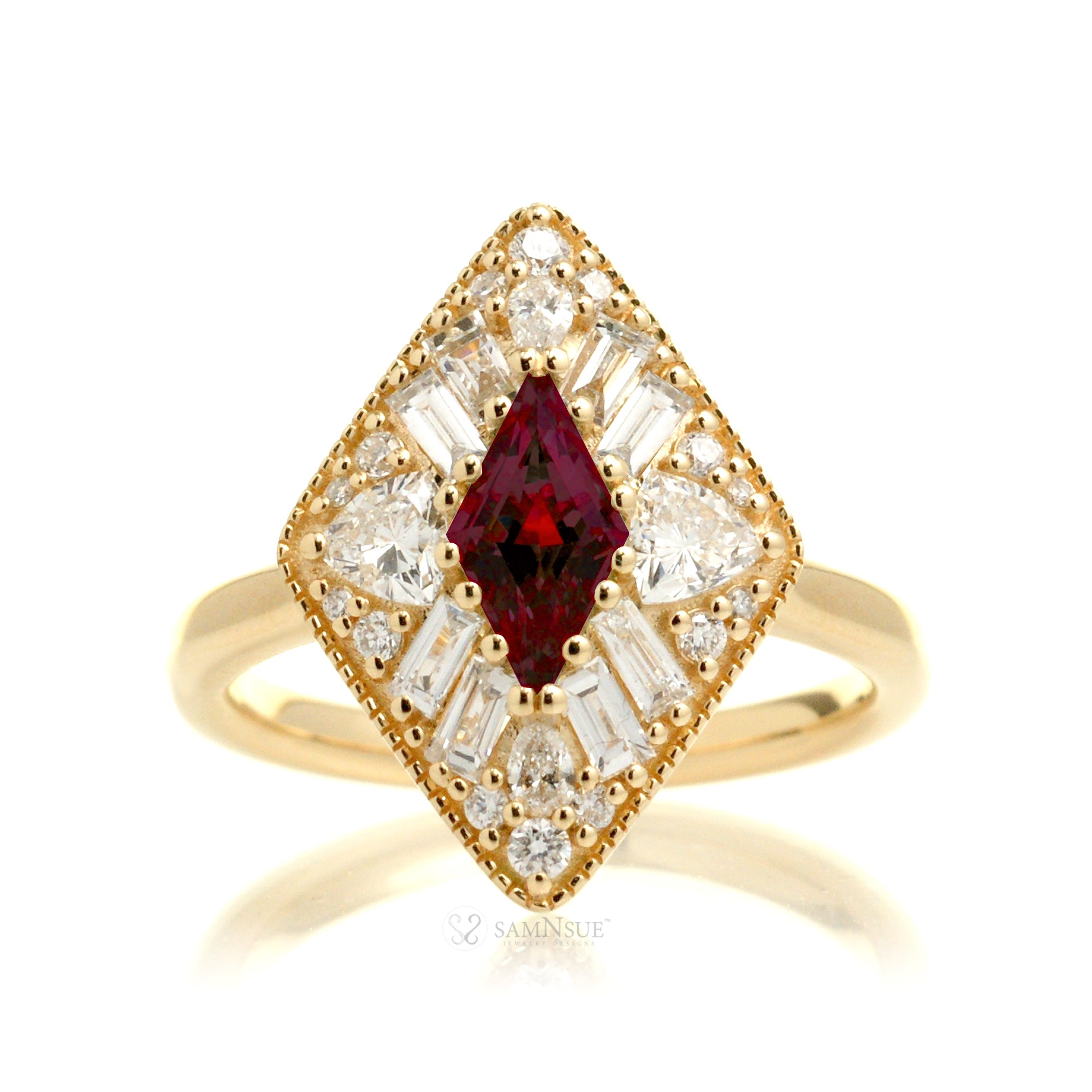 Kite cut ruby and diamond halo ring yellow gold vintage style