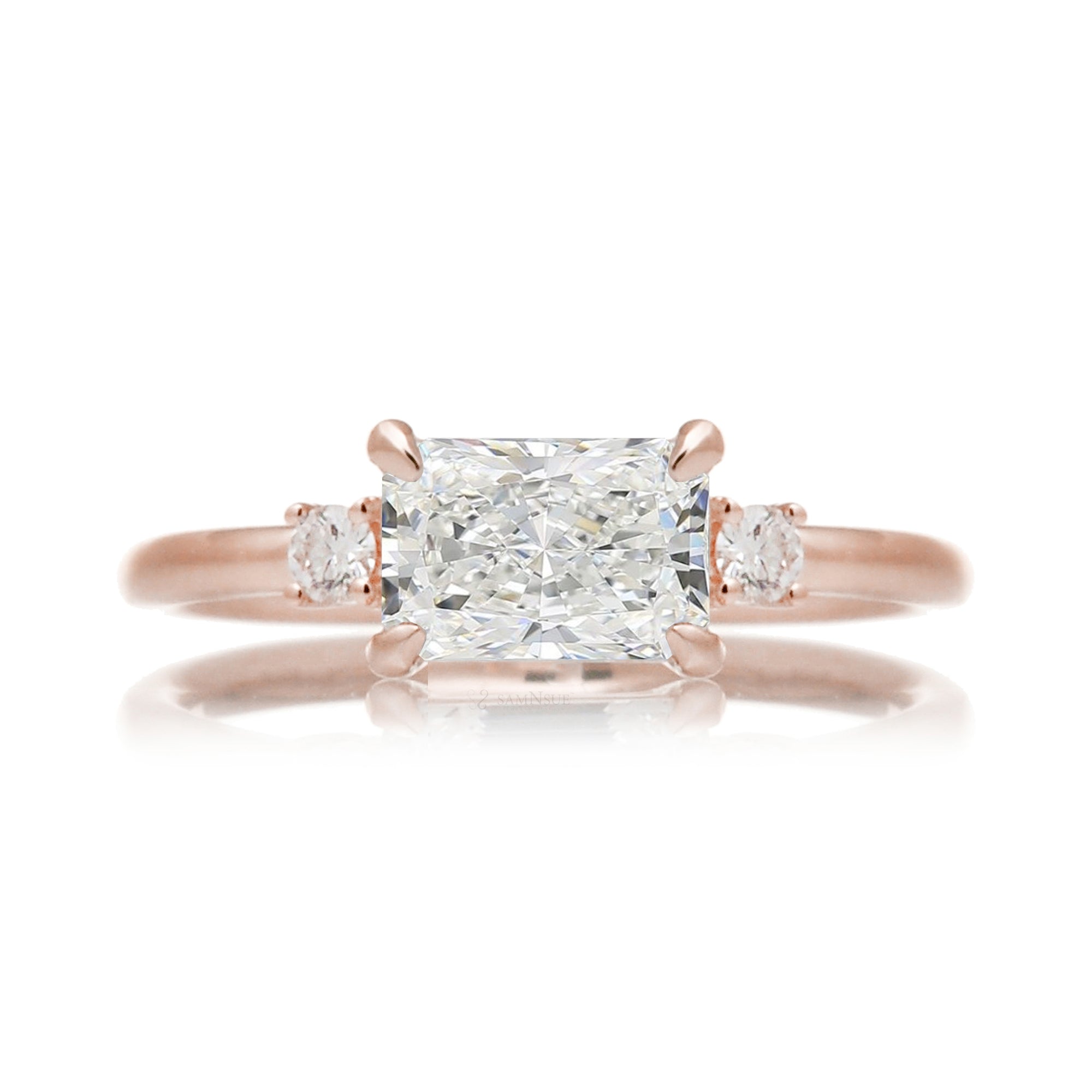 east-west radiant cut lab-grown diamond threestone ring rose gold