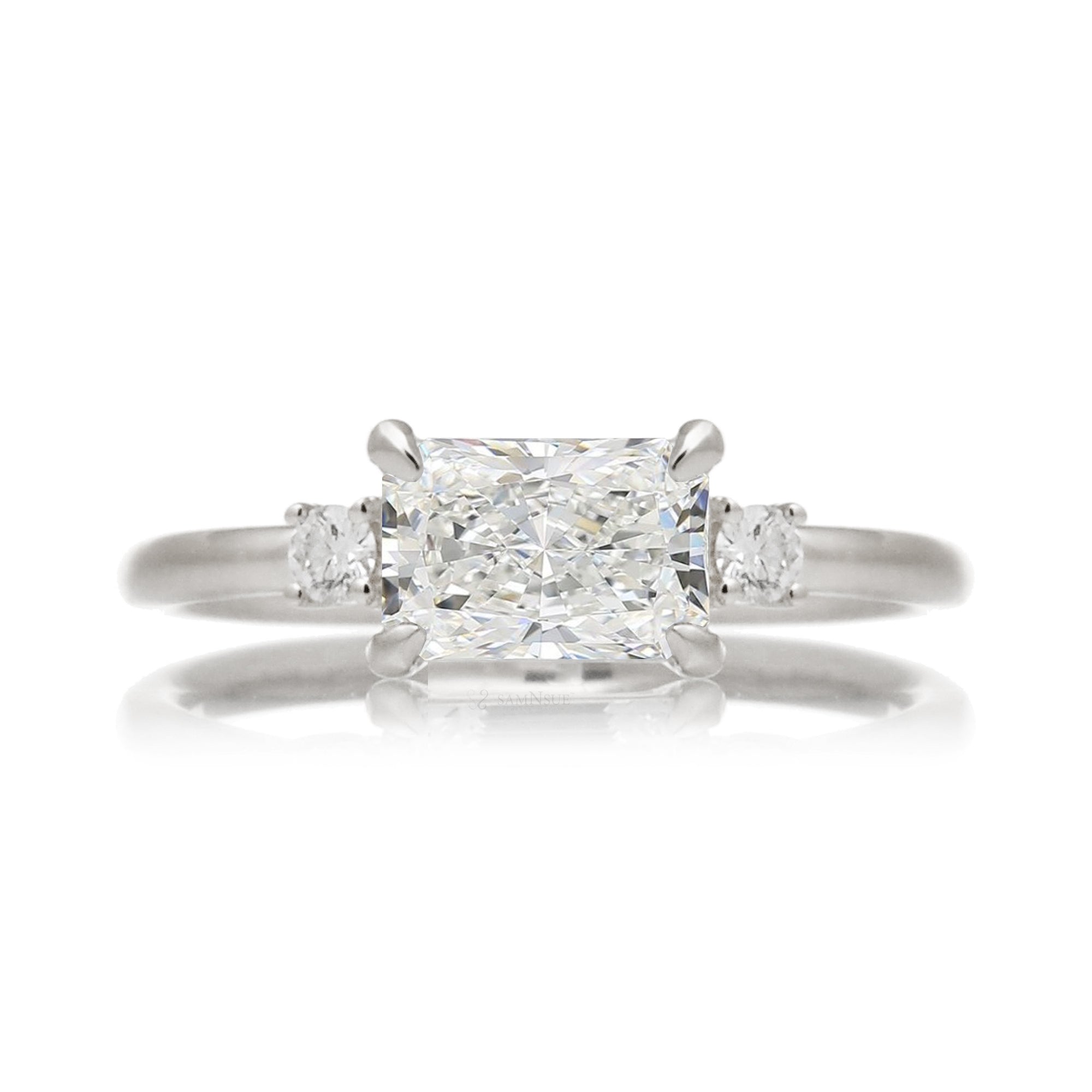 east-west radiant cut lab-grown diamond threestone ring white gold