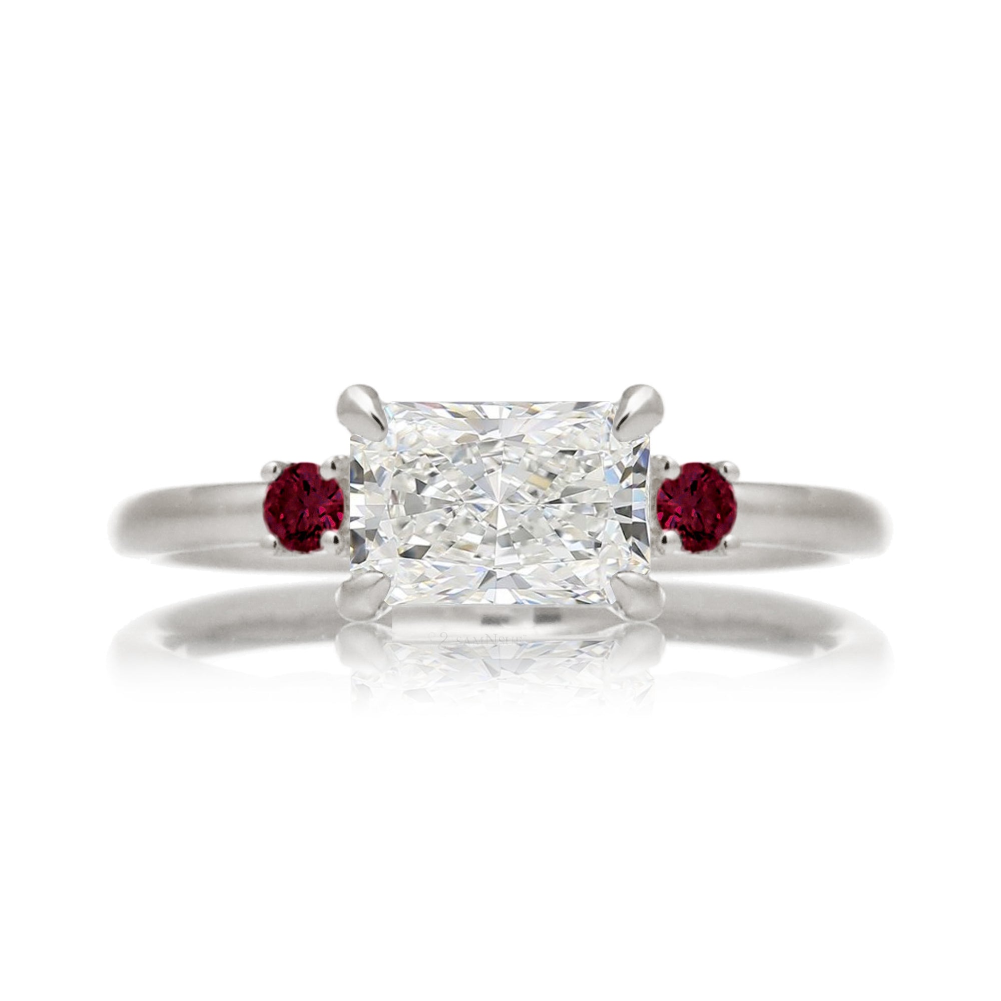 east-west radiant cut lab-grown diamond threestone ring with red ruby white gold